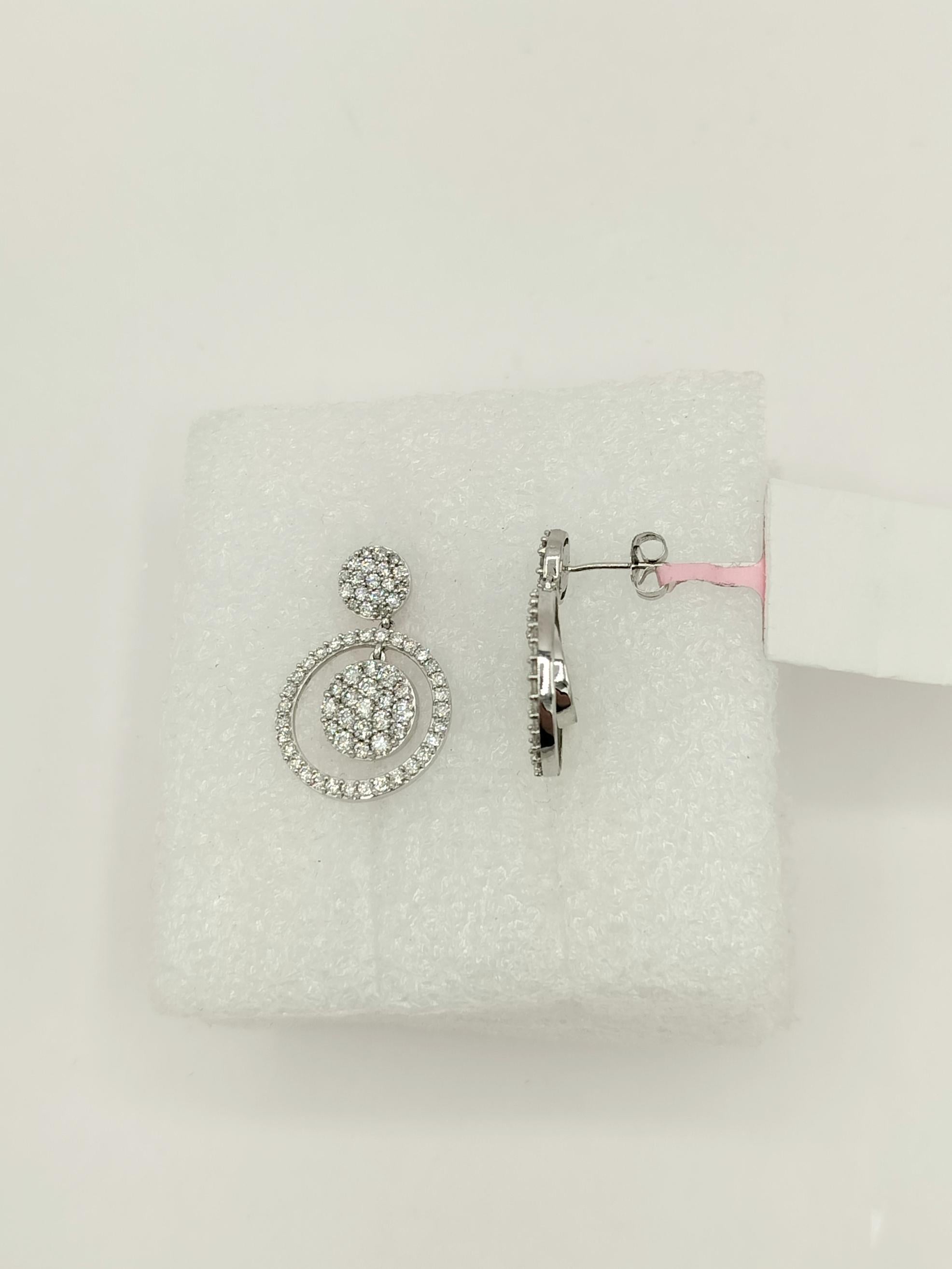 Women's or Men's White Diamond Round Cluster Dangle Earrings in 14K White Gold For Sale