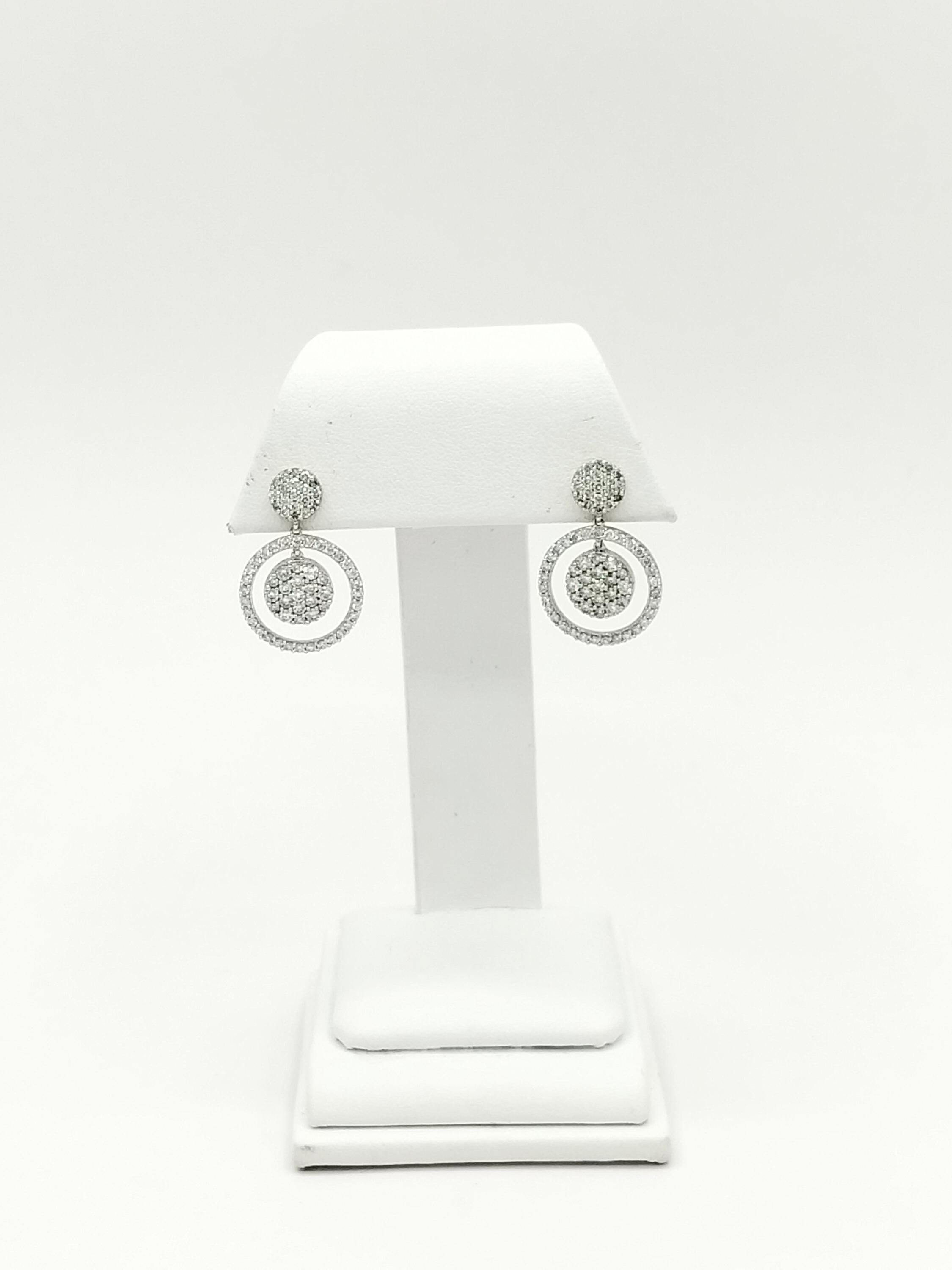 White Diamond Round Cluster Dangle Earrings in 14K White Gold For Sale 2
