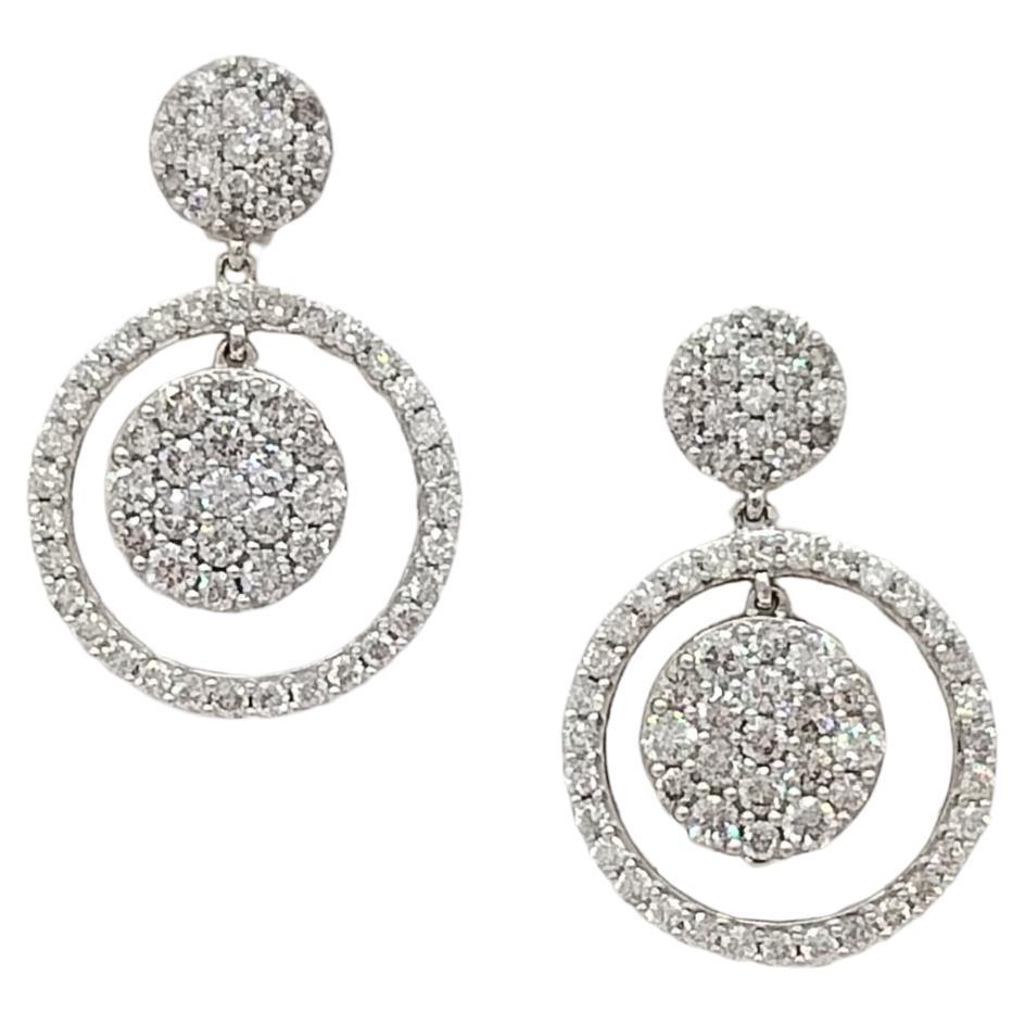 White Diamond Round Cluster Dangle Earrings in 14K White Gold For Sale