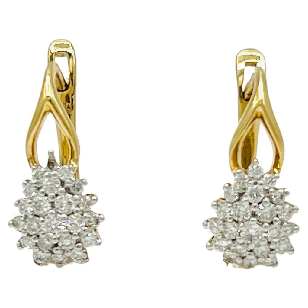 White Diamond Round Cluster Dangle Earrings in 14K Yellow Gold 