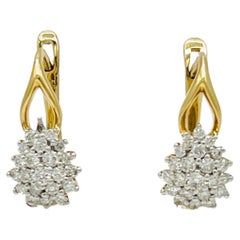 White Diamond Round Cluster Dangle Earrings in 14K Yellow Gold 