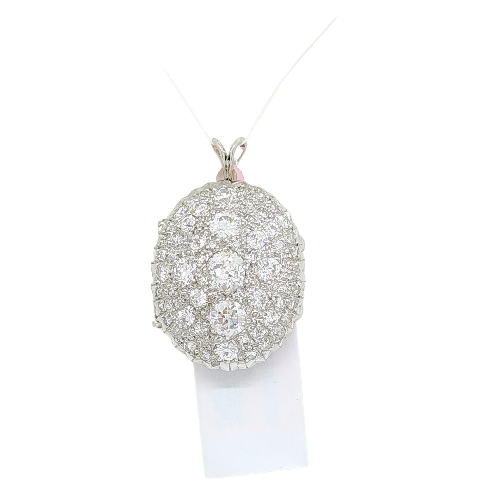 Broche pendentif grappe ronde de diamants blancs en platine
