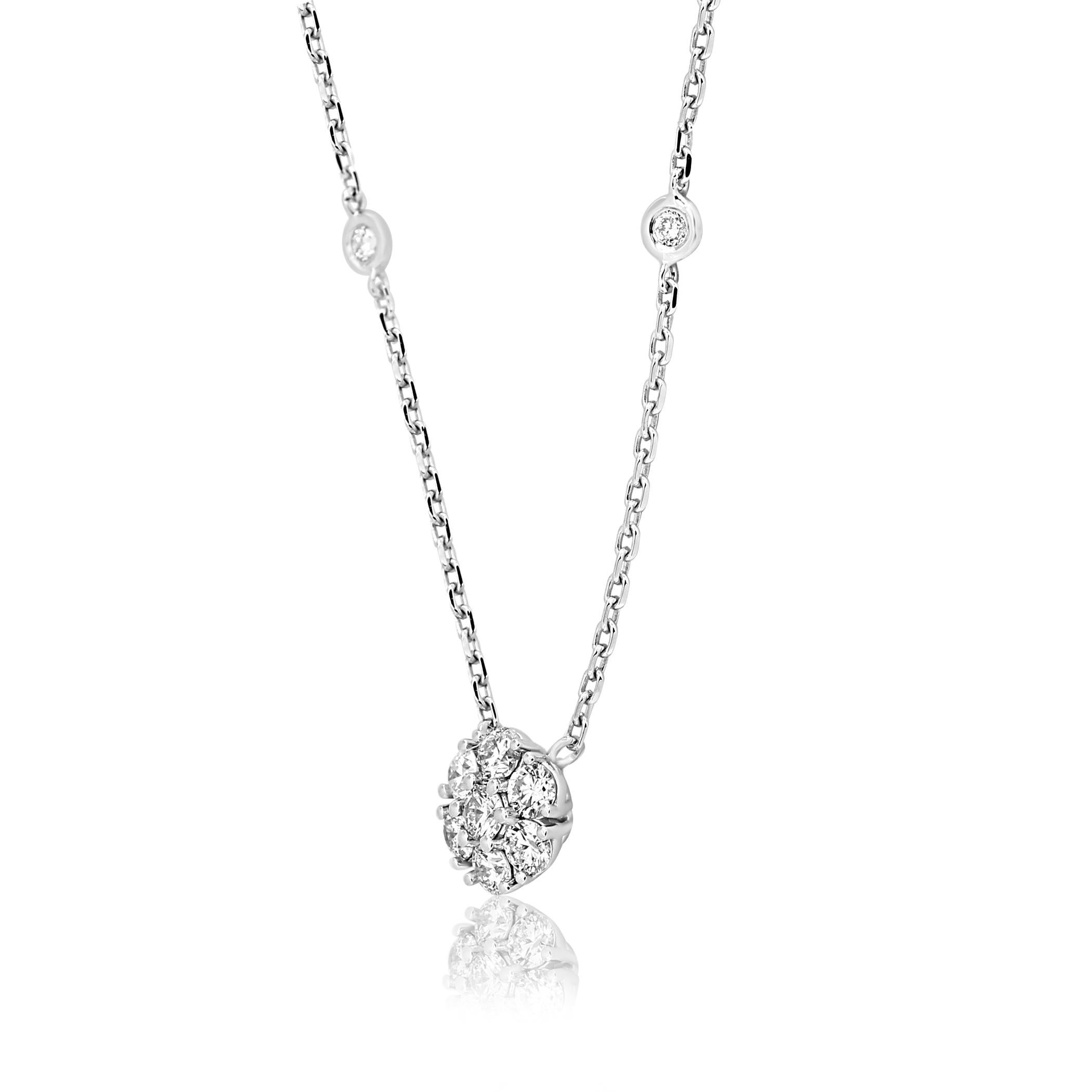 Gorgeous White Diamond Round G-H Color Si-I Clarity 0.80 Carat Set in 14K White Gold Cluster Pendant and Diamond By Yard Chain Necklace.

Style available in different price ranges. Prices are based on your selection of 4C's i.e Cut, Color, Carat,