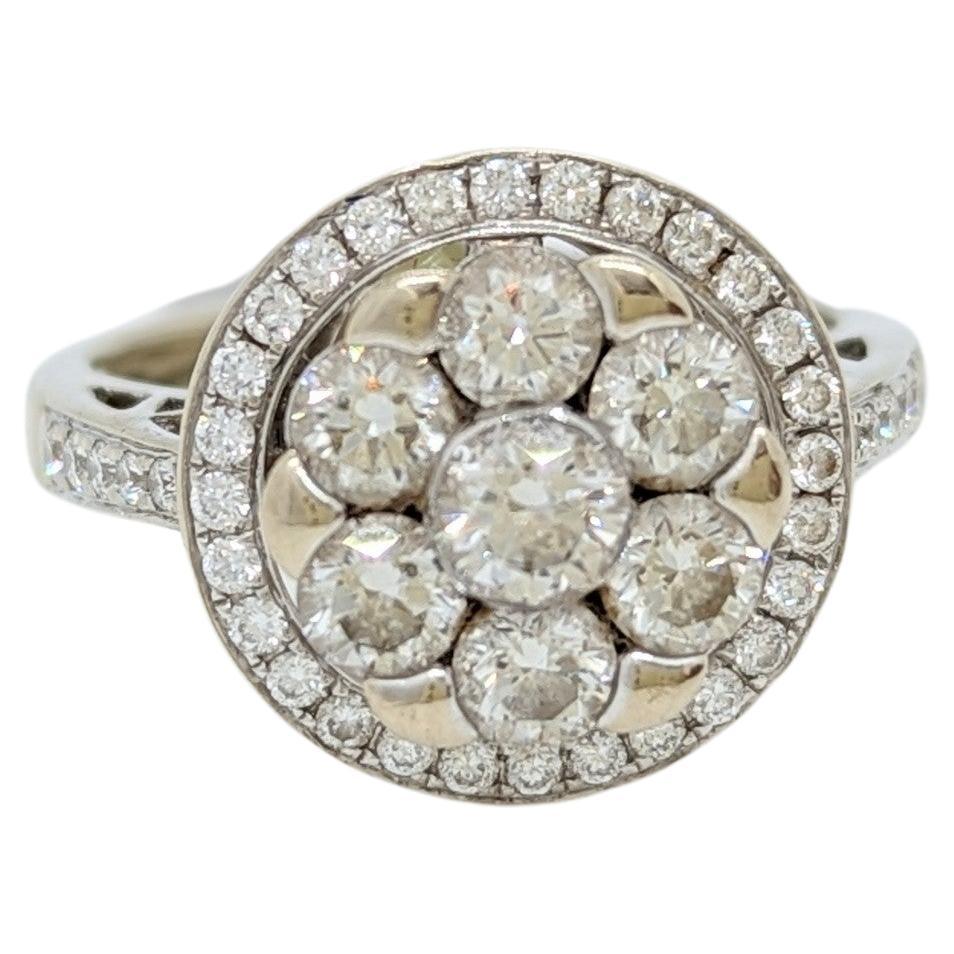 White Diamond Round Cluster Ring in 14K White Gold For Sale