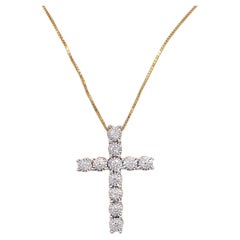 White Diamond Round Cross Pendant Necklace in 14k Yellow Gold