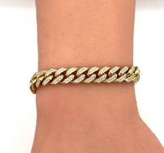 White Diamond Round Cuban Chain Bracelet in 14K Yellow Gold
