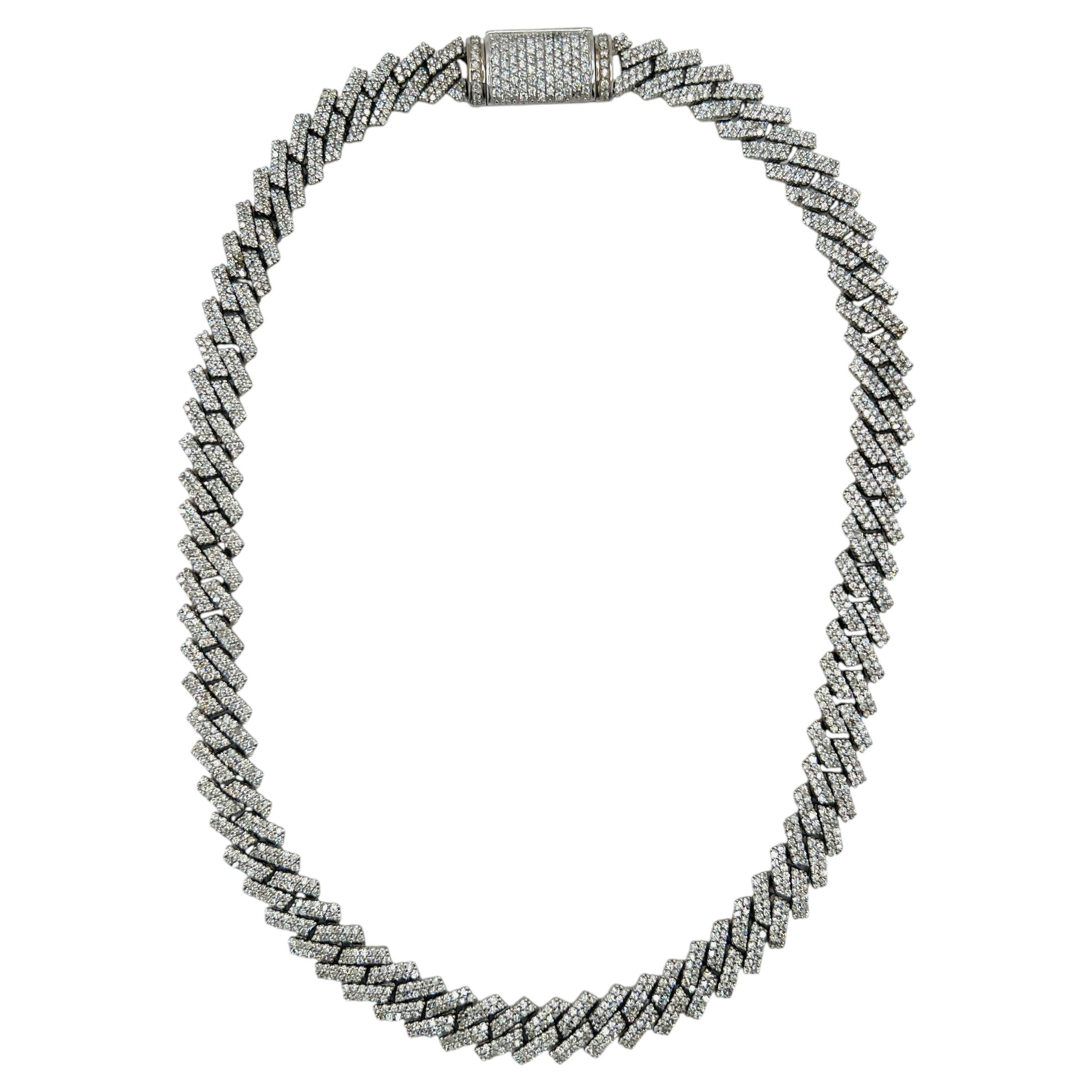 White Diamond Round Cuban Chain Necklace in 14K white Gold For Sale
