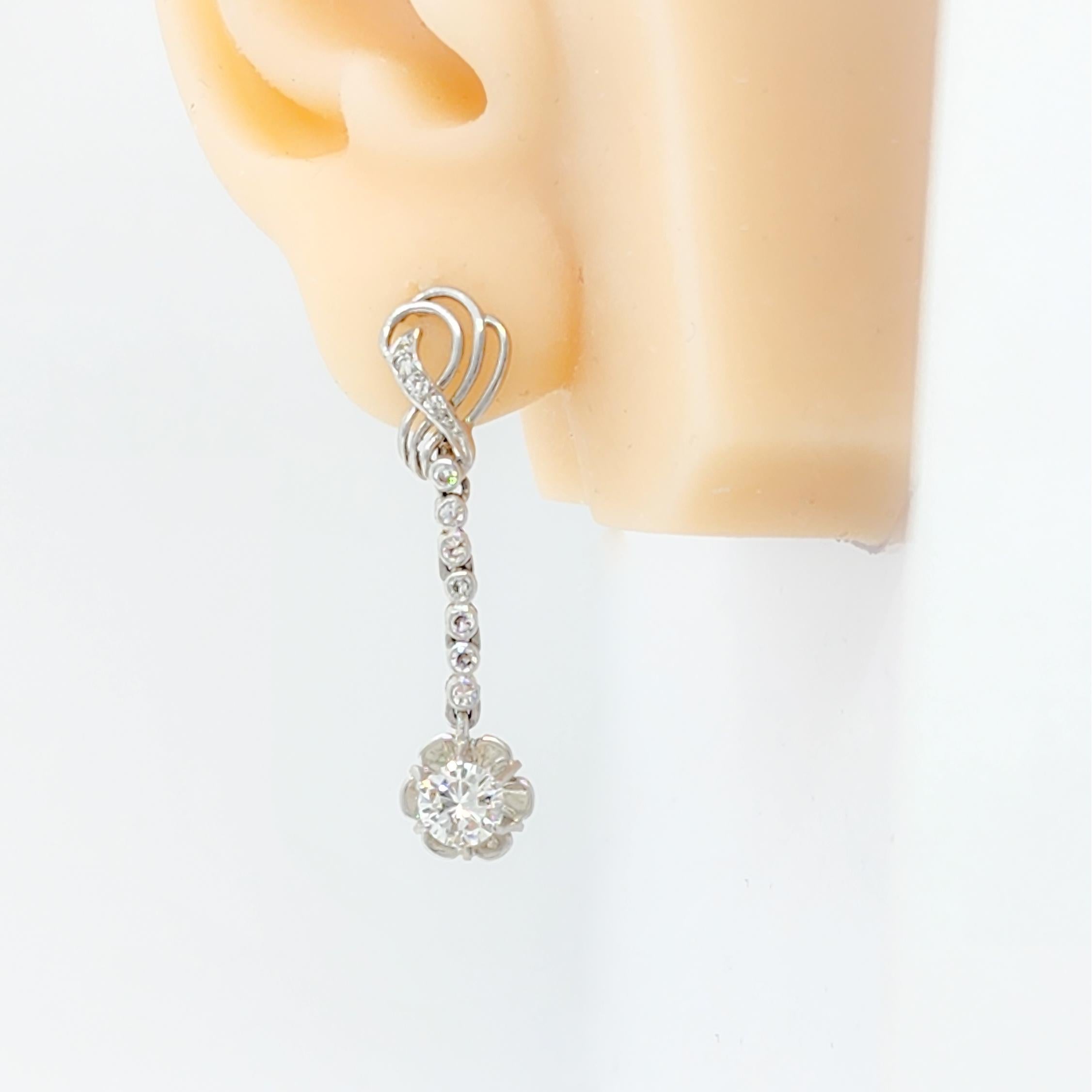 White Diamond Round Dangle Earrings in 18k White Gold For Sale 1