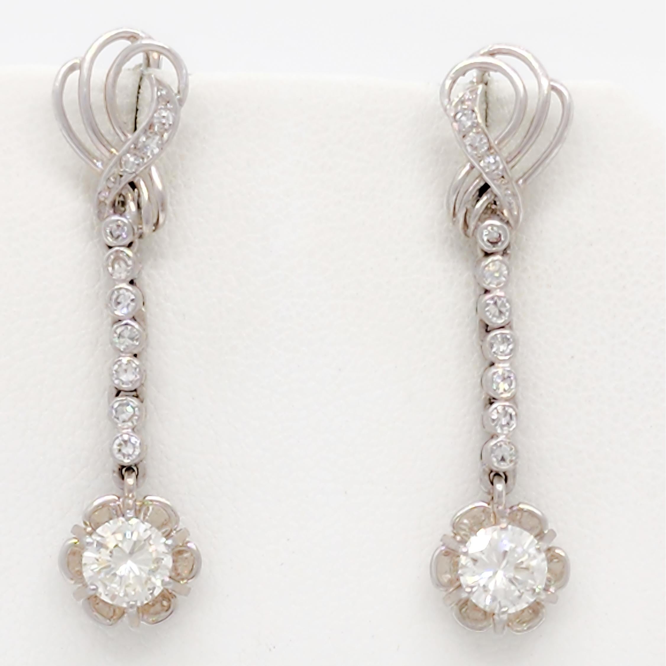 White Diamond Round Dangle Earrings in 18k White Gold For Sale 2