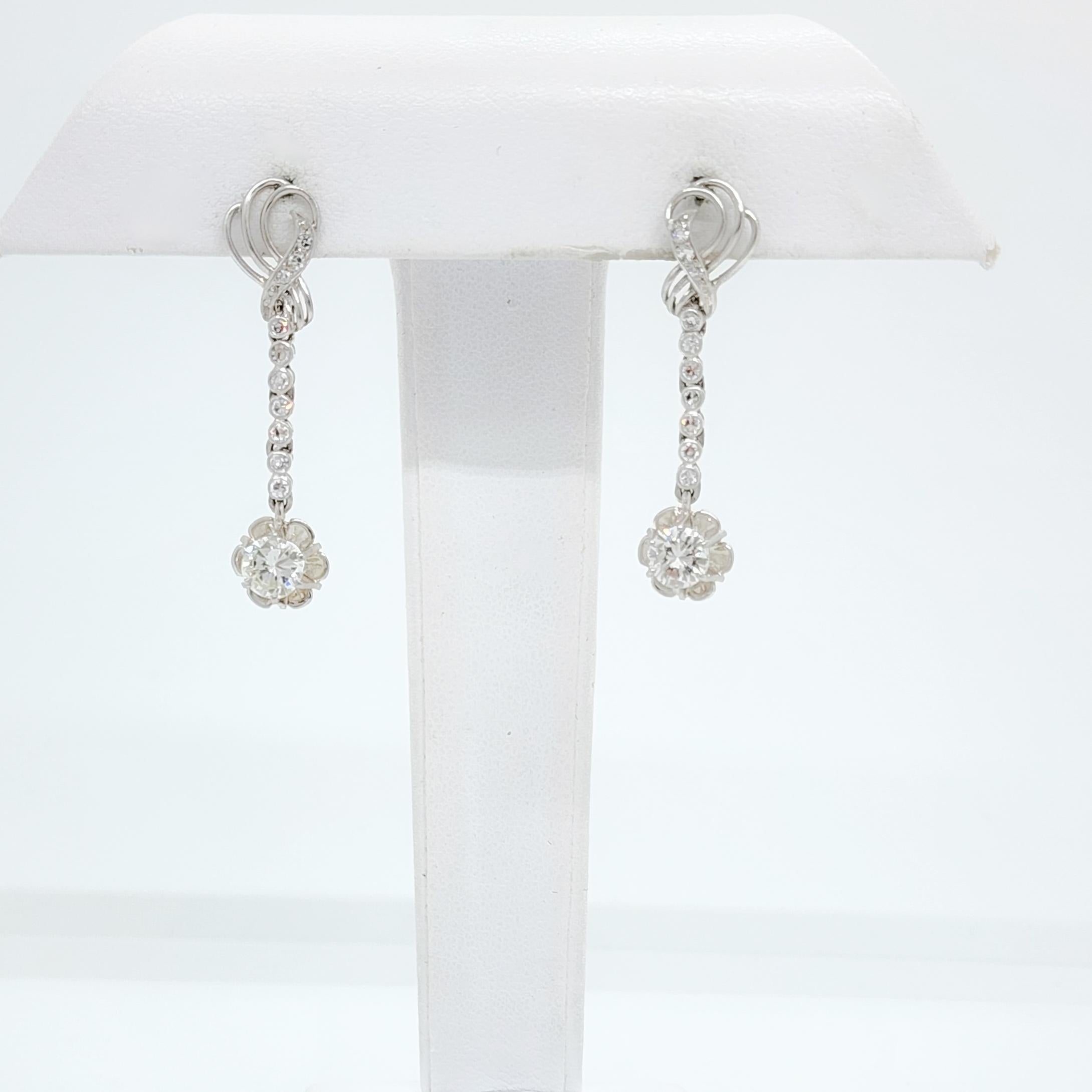 White Diamond Round Dangle Earrings in 18k White Gold For Sale 3