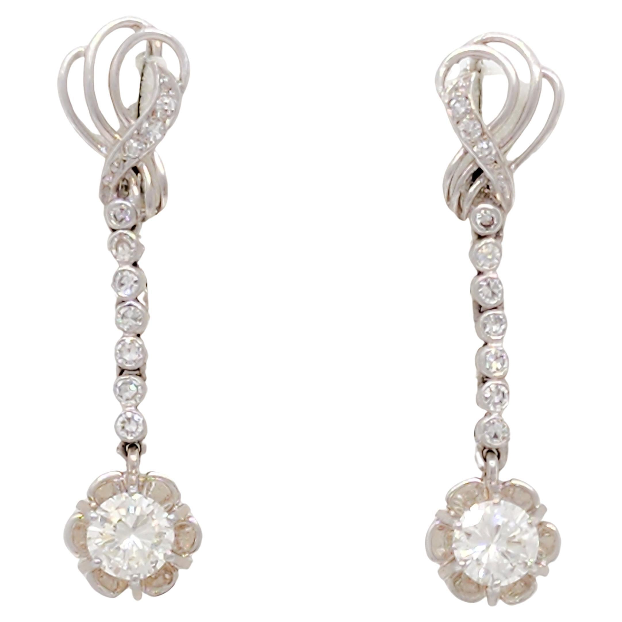 White Diamond Round Dangle Earrings in 18k White Gold For Sale