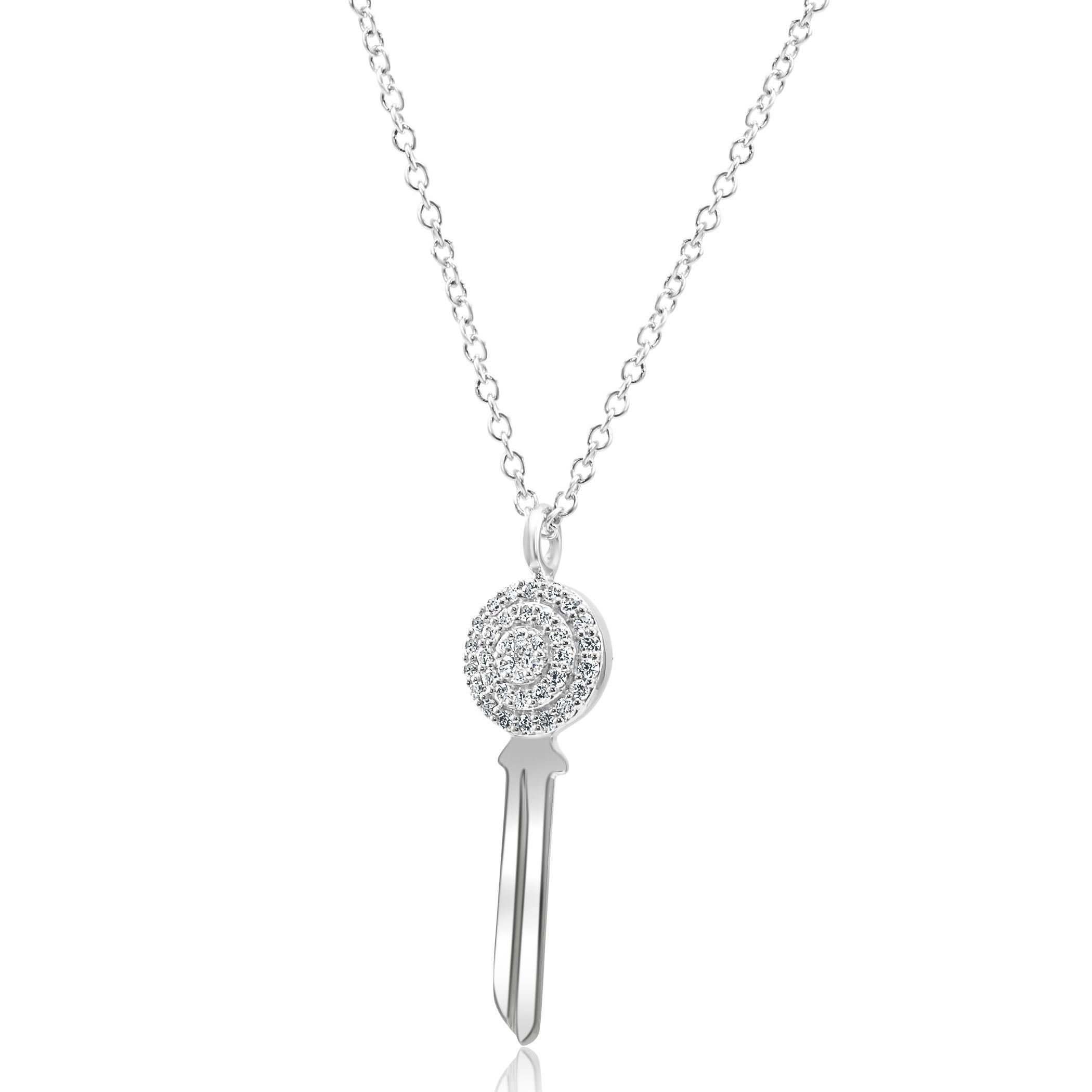 37 White Colorless SI Clarity Diamond Rounds 0.16 Carat Set in Stylish everyday wear 14K White Gold Diamond Key style Dangle Drop Pendant Chain Necklace. Can be worn as 18 inches or 16 inches. 

Total Diamond Weight 0.16 Carat

Style available in