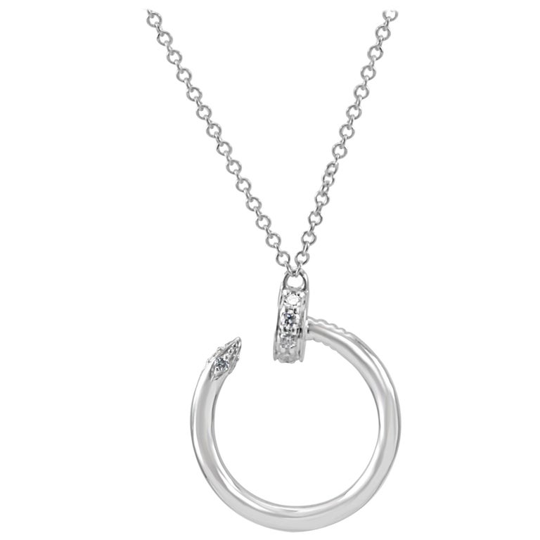 White Diamond Round Drop Fashion Nail Pendant 14 Karat White Gold Chain