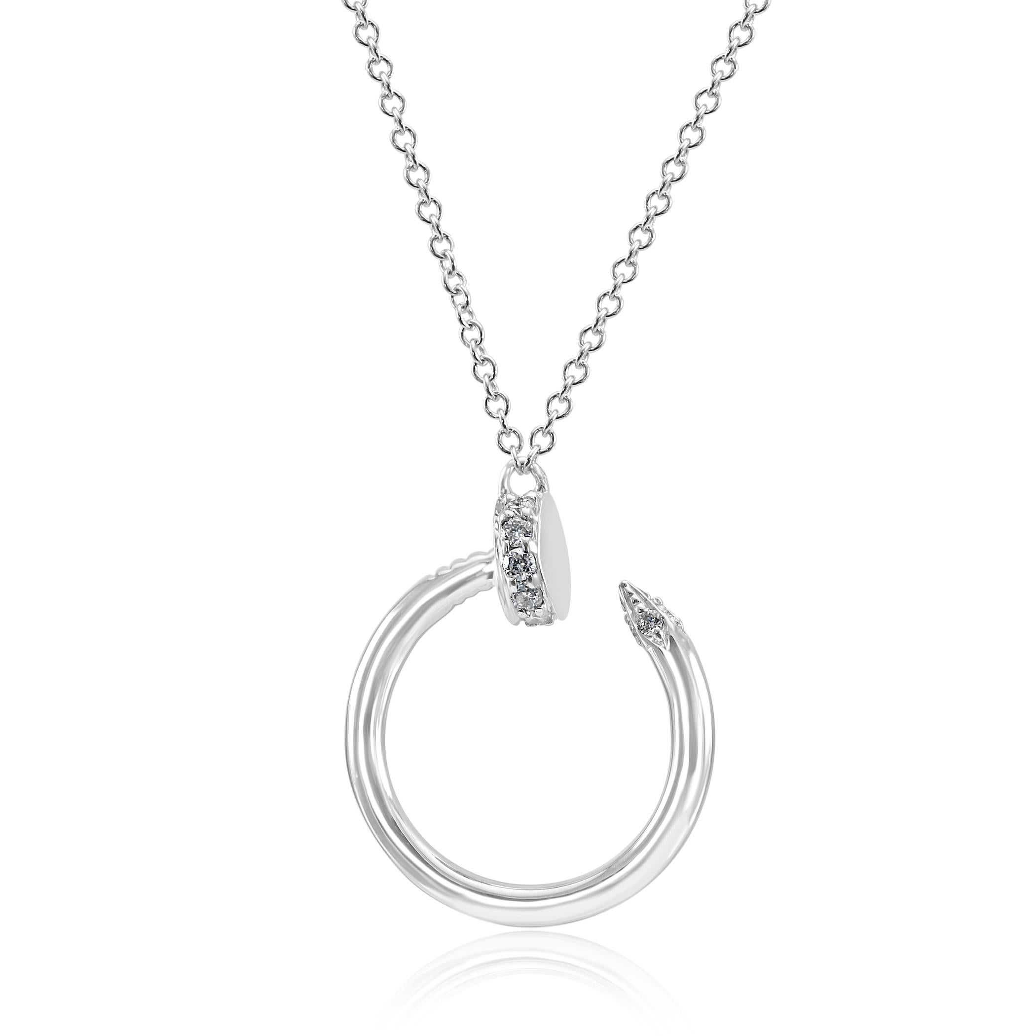 14 White Colorless SI Clarity Diamond Rounds 0.16 Carat Set in Stylish everyday wear 14K White Gold Diamond Nail style Dangle Drop Pendant Chain Necklace. Can be worn as 18 inches or 16 inches. 

Total Diamond Weight 0.16 Carat

Style available in