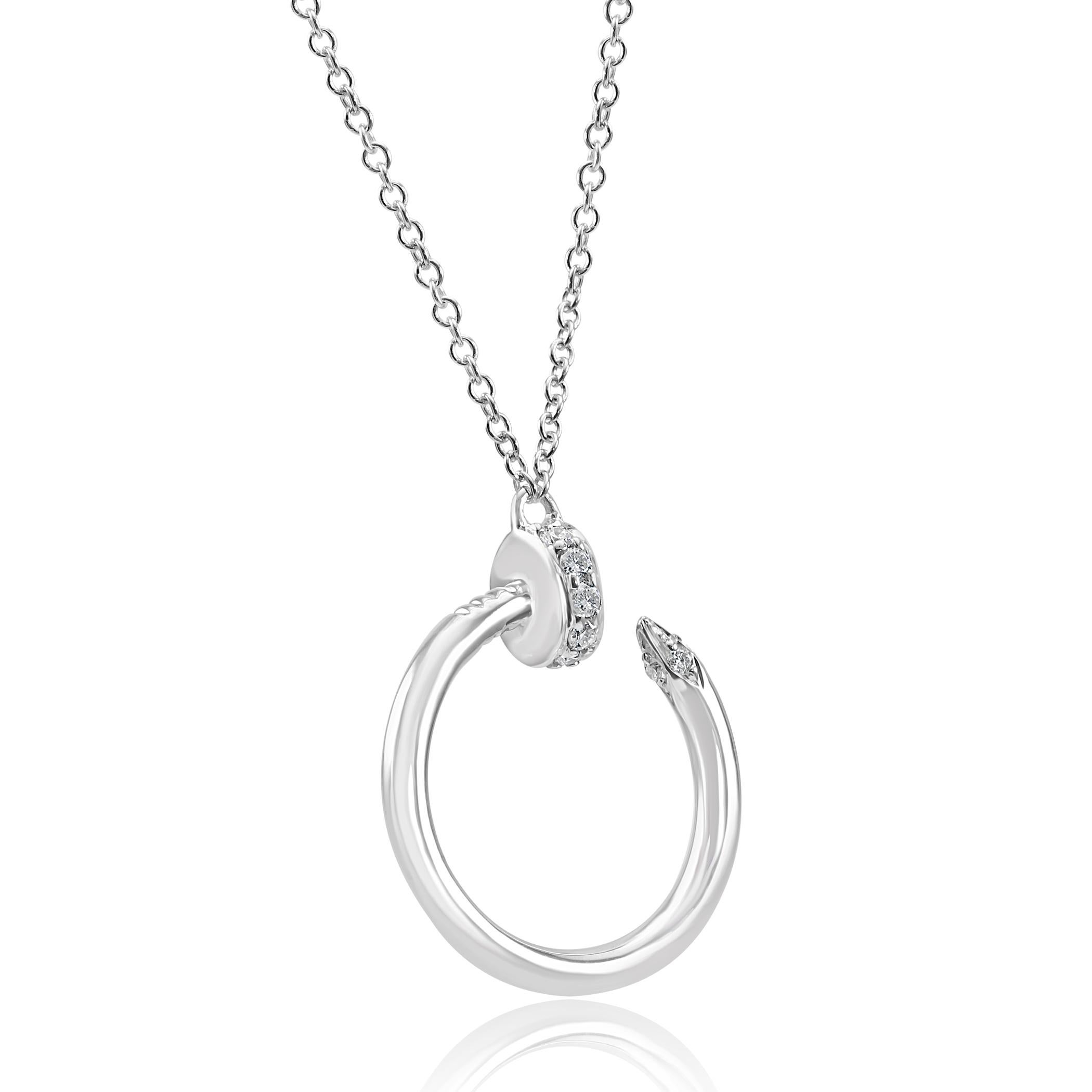 Contemporary White Diamond Round Drop Fashion Nail Pendant 14 Karat White Gold Chain Necklace