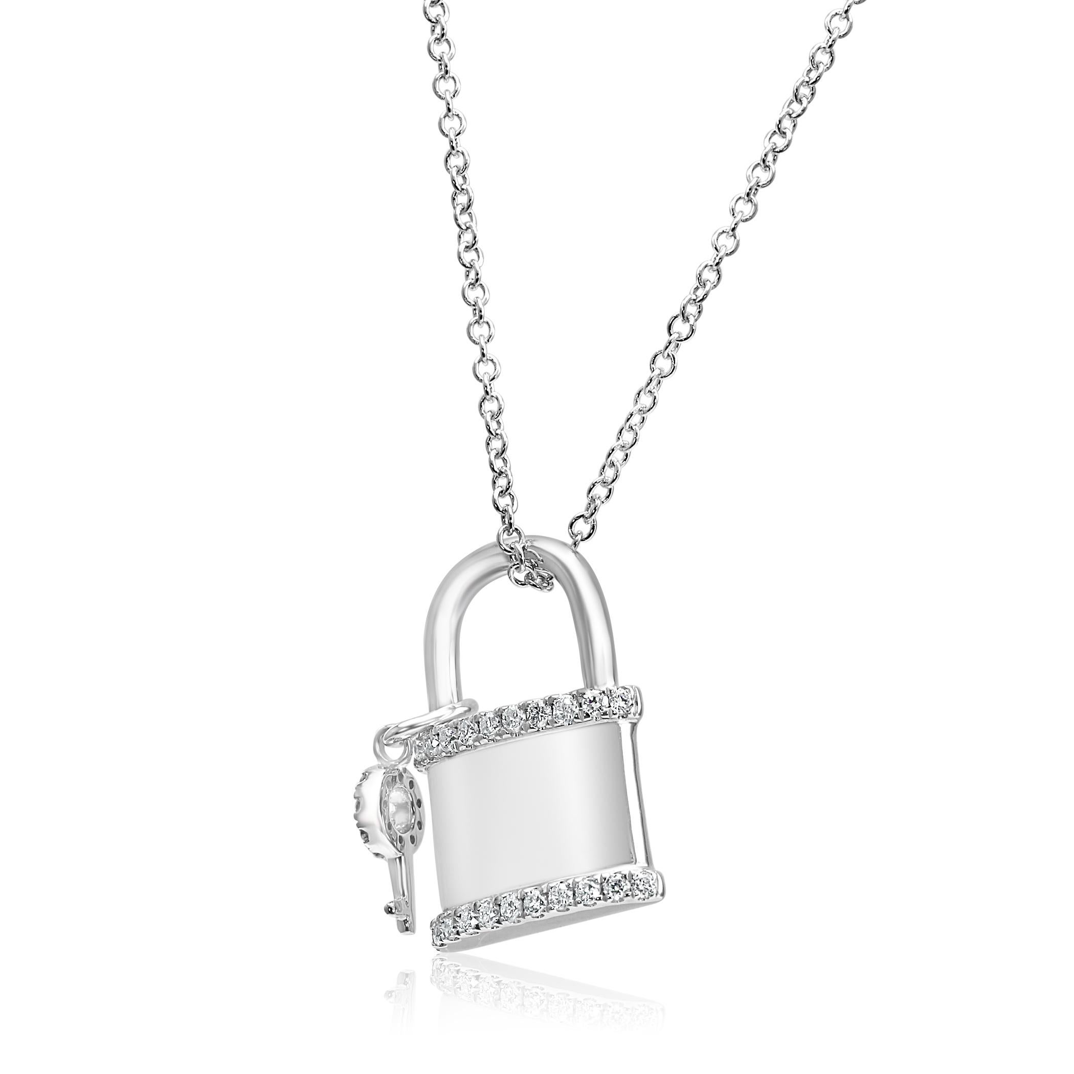 Contemporary White Diamond Round Fashion Lock and Key Pendant 14K White Gold Chain Necklace 