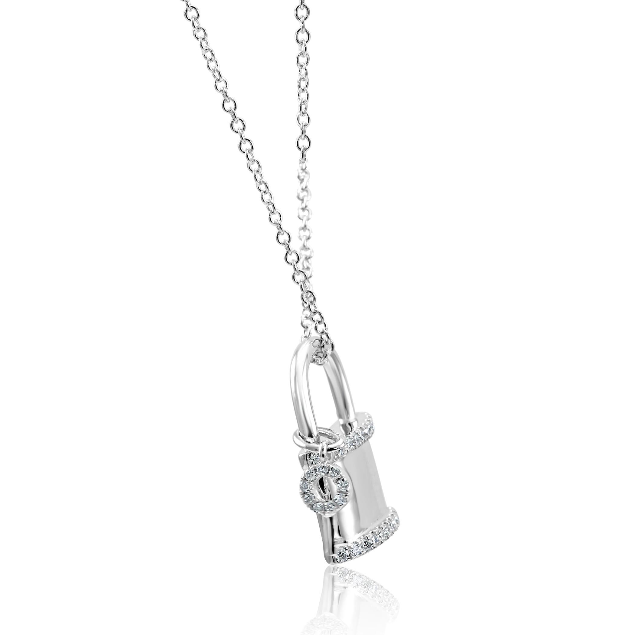 Round Cut White Diamond Round Fashion Lock and Key Pendant 14K White Gold Chain Necklace 