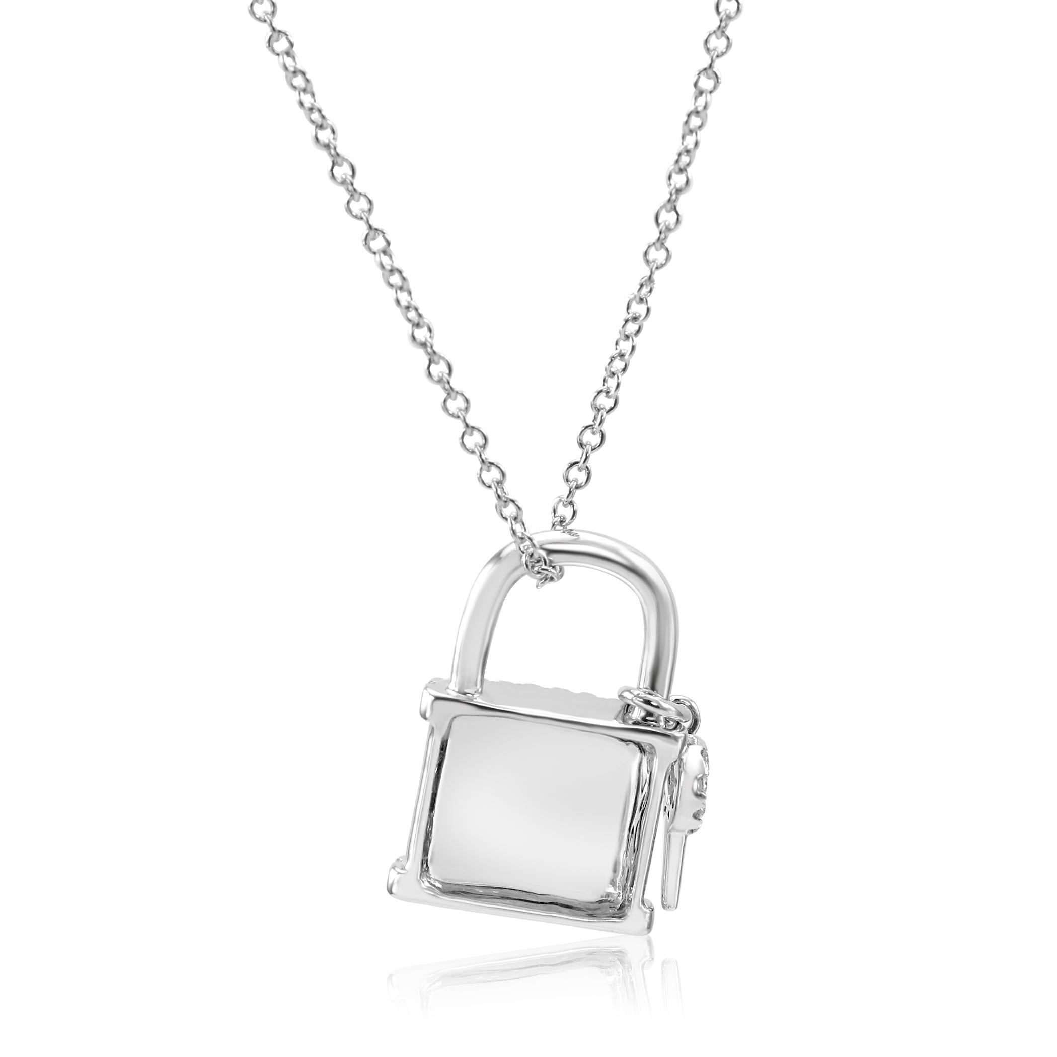 White Diamond Round Fashion Lock and Key Pendant 14K White Gold Chain Necklace  In New Condition In NEW YORK, NY