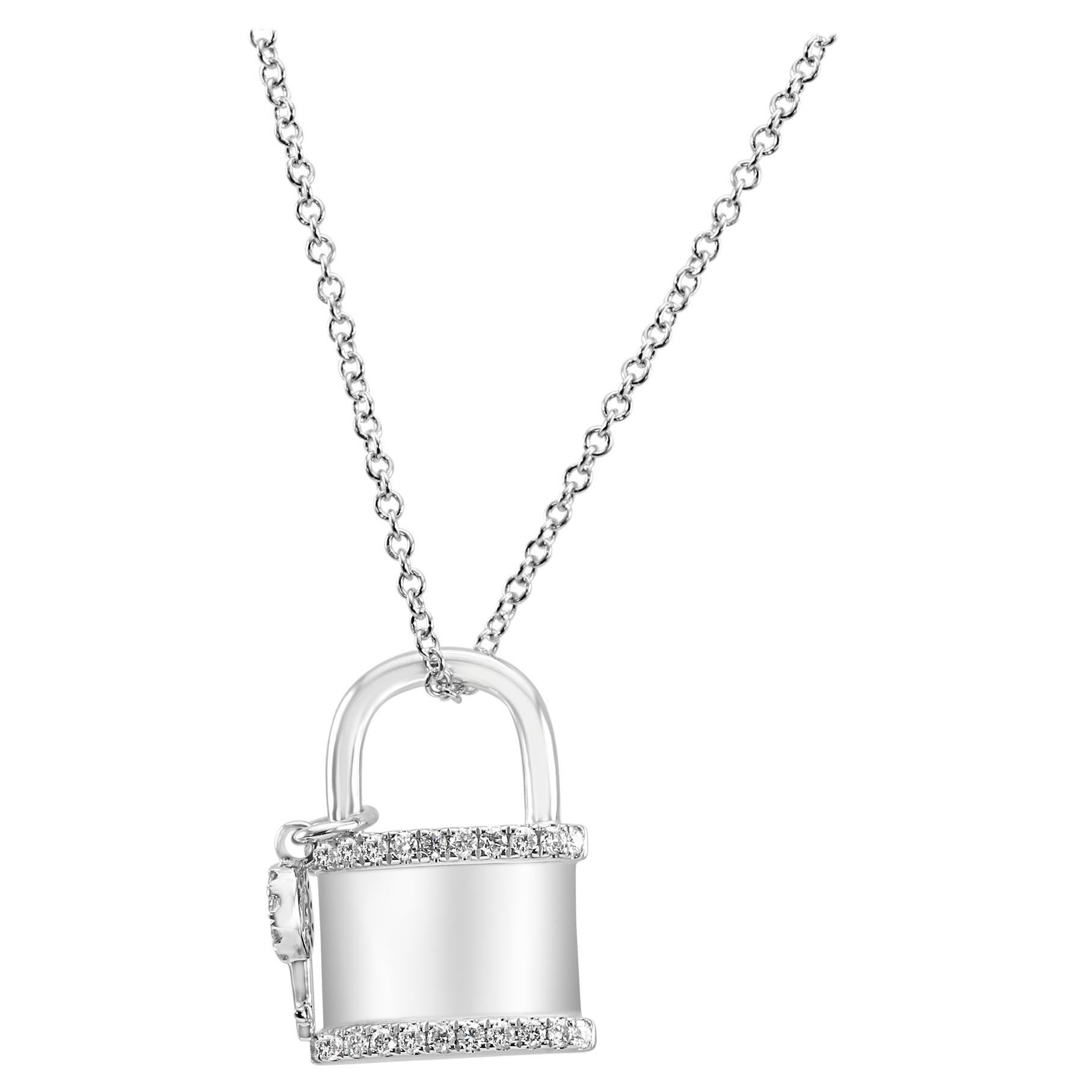 White Diamond Round Fashion Lock and Key Pendant 14K White Gold Chain Necklace 