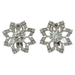 White Diamond Round Floral Earrings in 18K White Gold