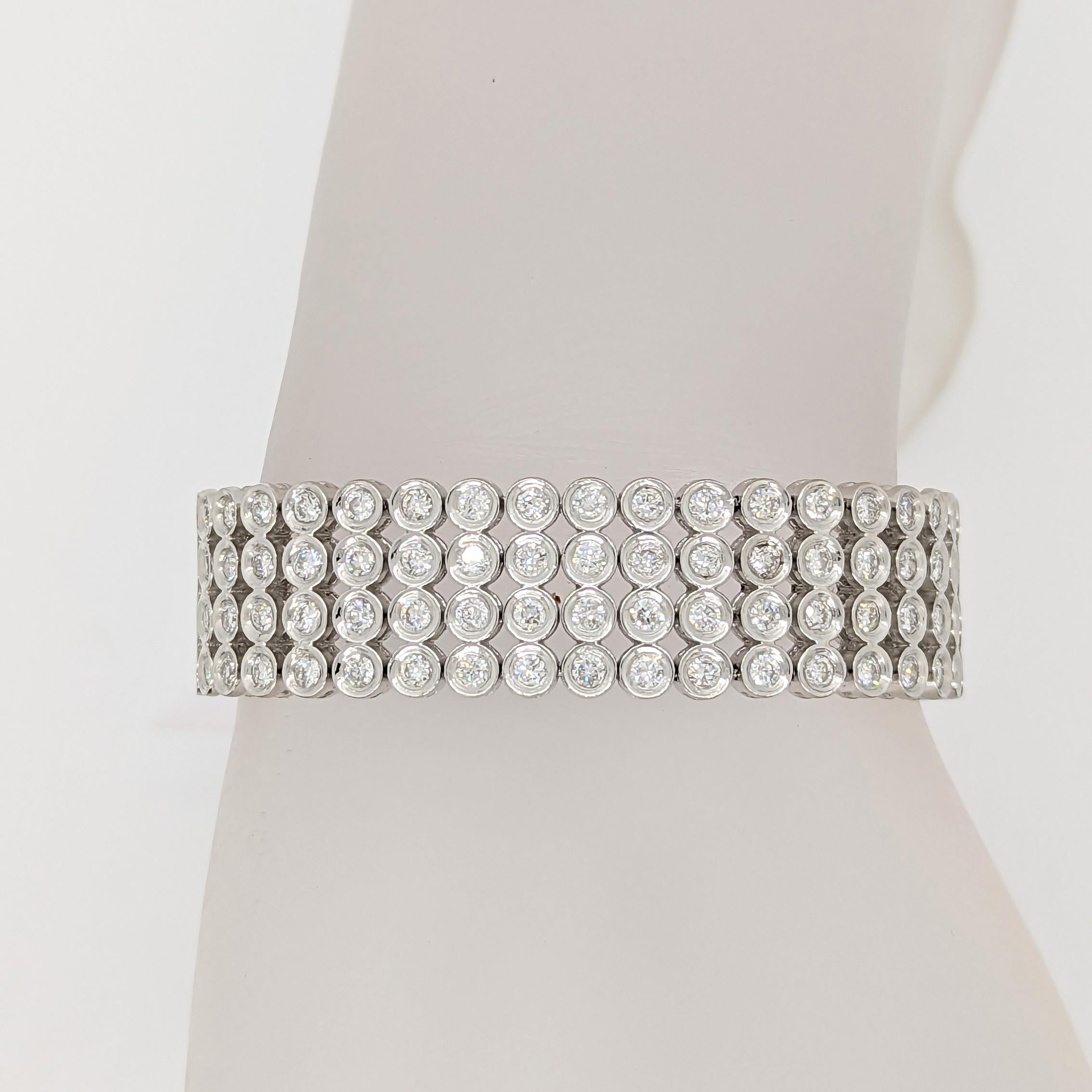 Round Cut White Diamond Round Four Row Bracelet in 18K White Gold For Sale