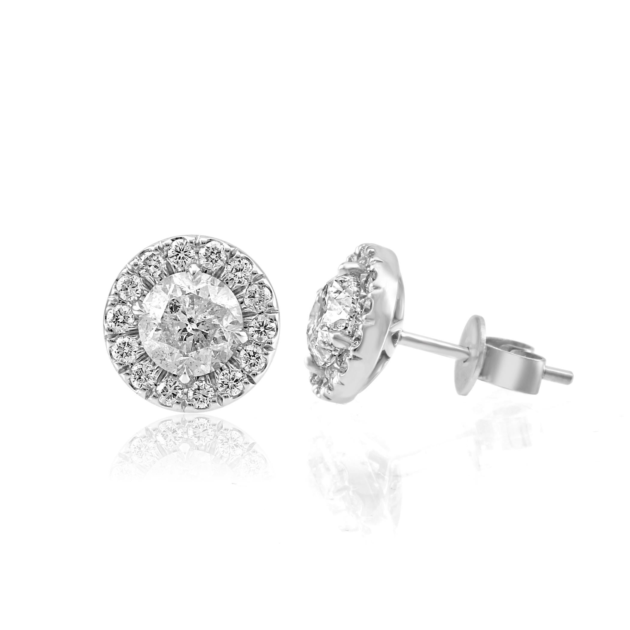 Modern White Diamond Round Halo Gold Stud Earring 2.40 Carat Total Weight