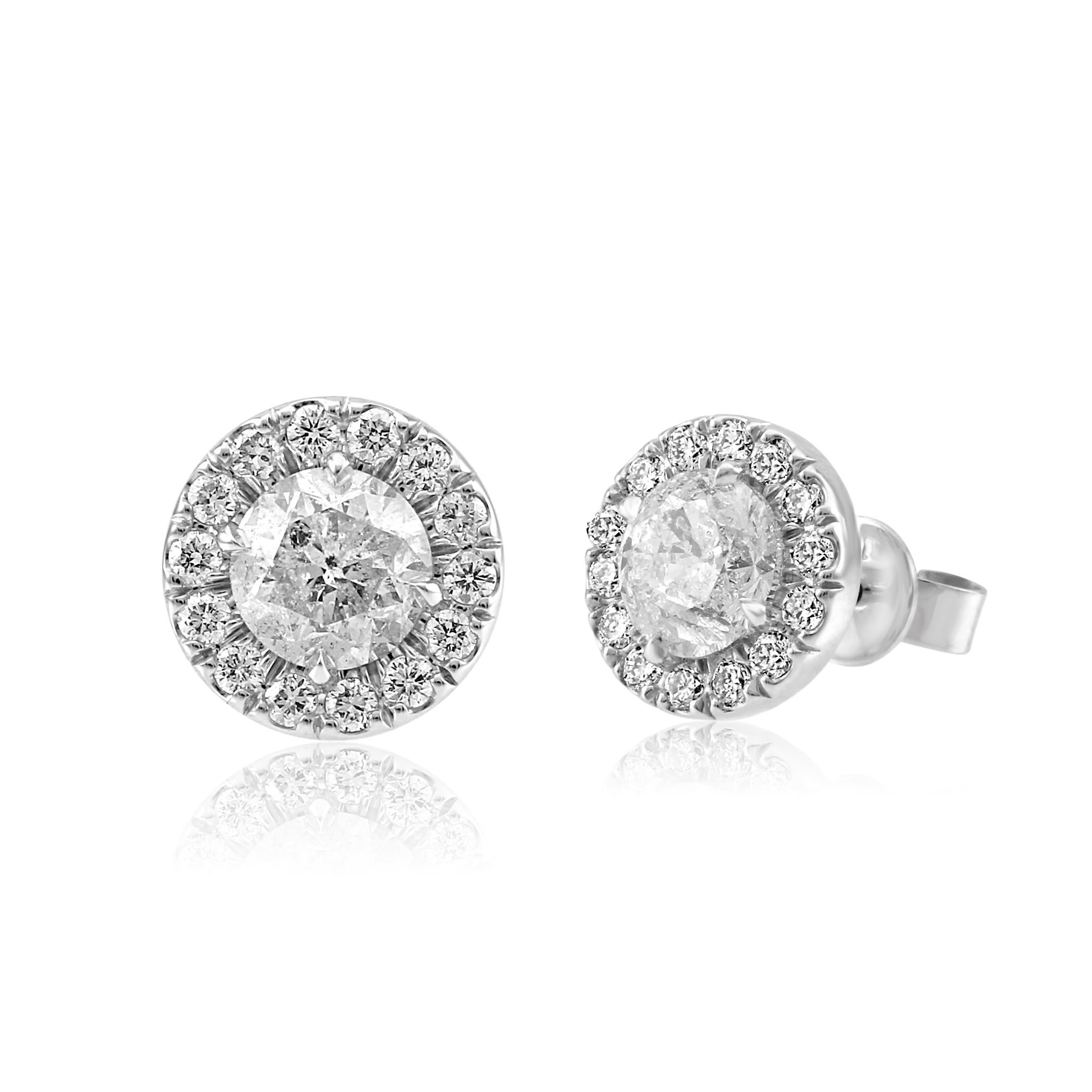 Round Cut White Diamond Round Halo Gold Stud Earring 2.40 Carat Total Weight