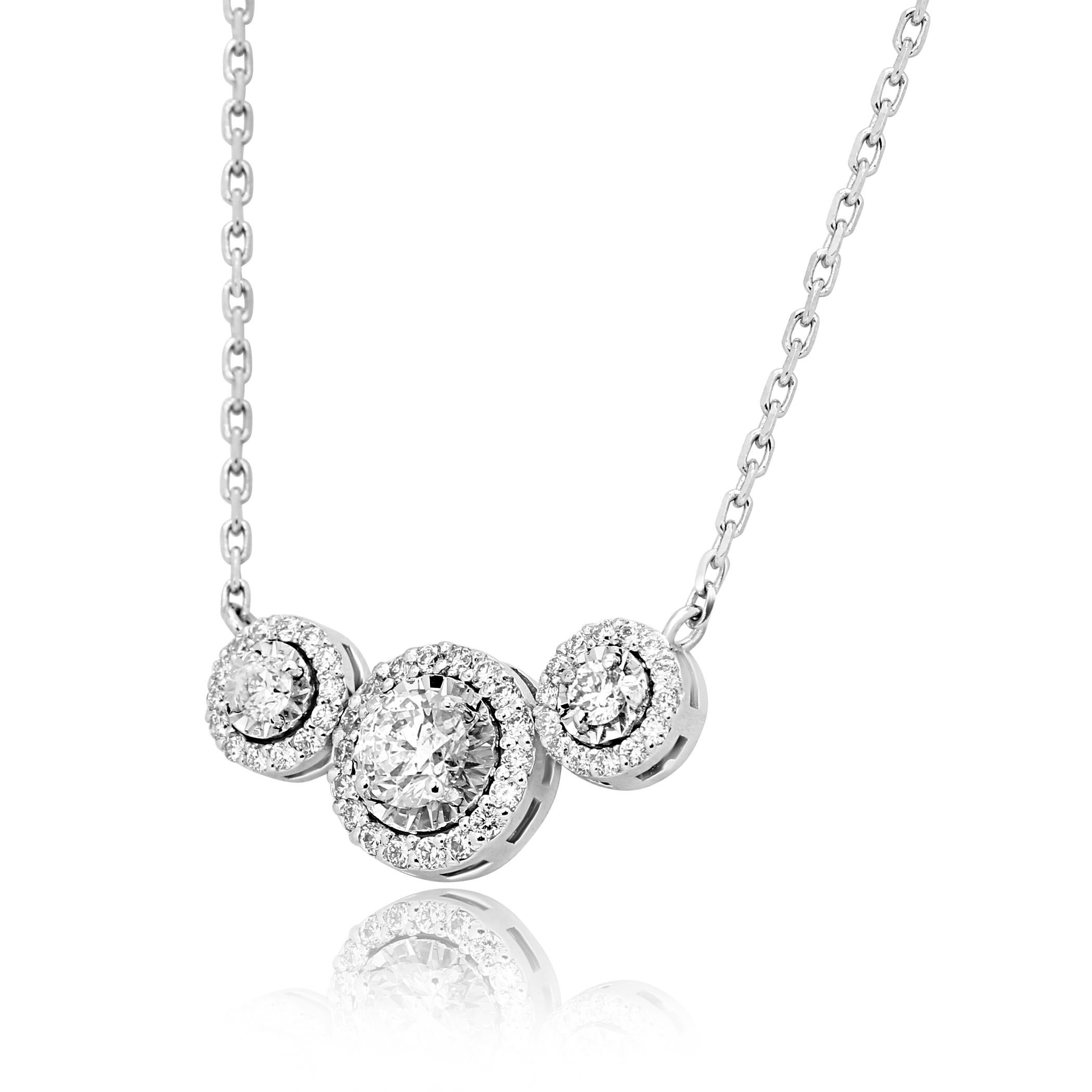 Stunning 3 White Diamond G-H Color SI-I Clarity  0.55 Carat Encircled in Single Halo of White Round Diamond G-H Color VS-SI Clarity 0.30 Carat. Set in Gorgeous big look Three Stone Penadant Chain Fashion Necklace. 
Total Diamond Weight 0.85