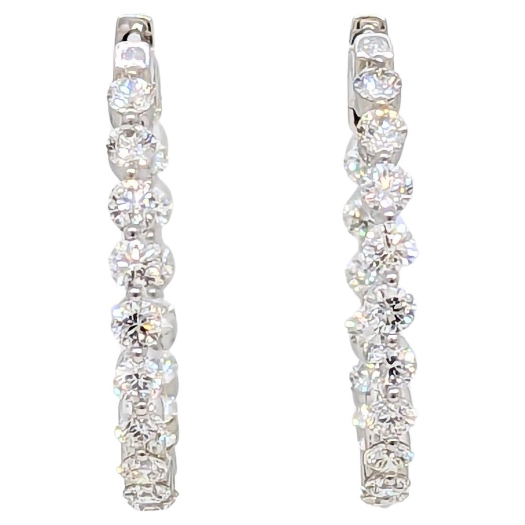 White Diamond Round In & Out Hoops in 18K White Gold For Sale