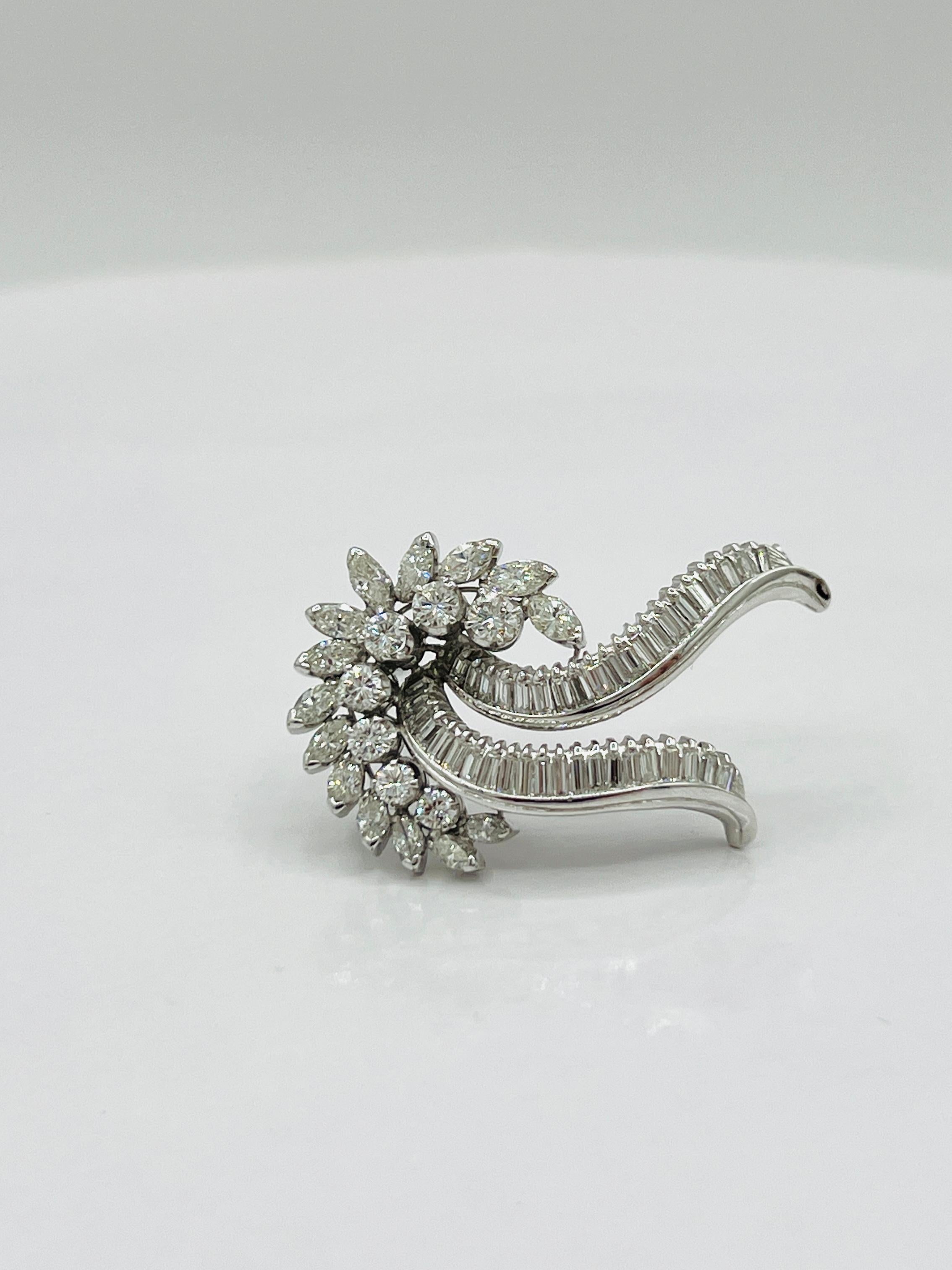 Women's or Men's White Diamond Round, Marquise, and Baguette Brooch in Platinum For Sale