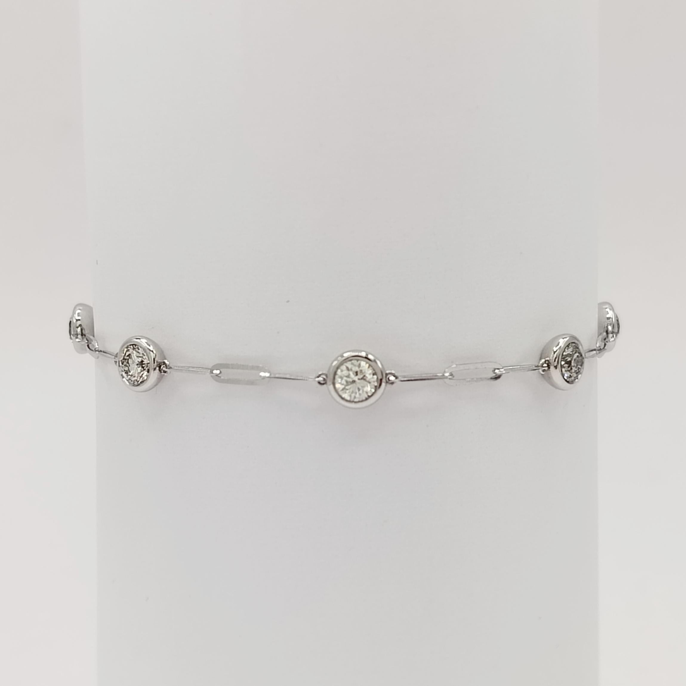Women's or Men's White Diamond Round Paper Clip Bracelet in 18K White Gold For Sale