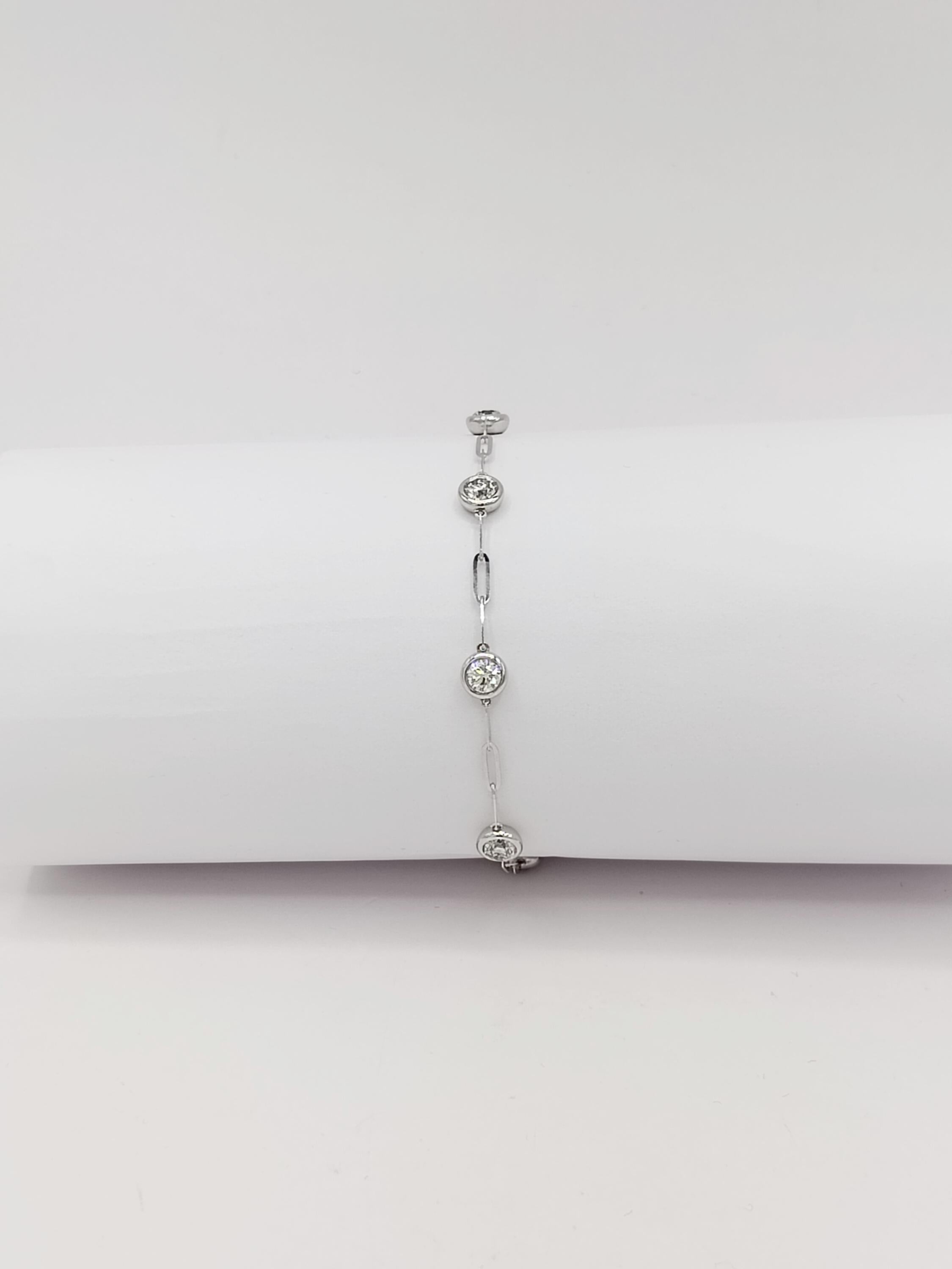 White Diamond Round Paper Clip Bracelet in 18K White Gold For Sale 1