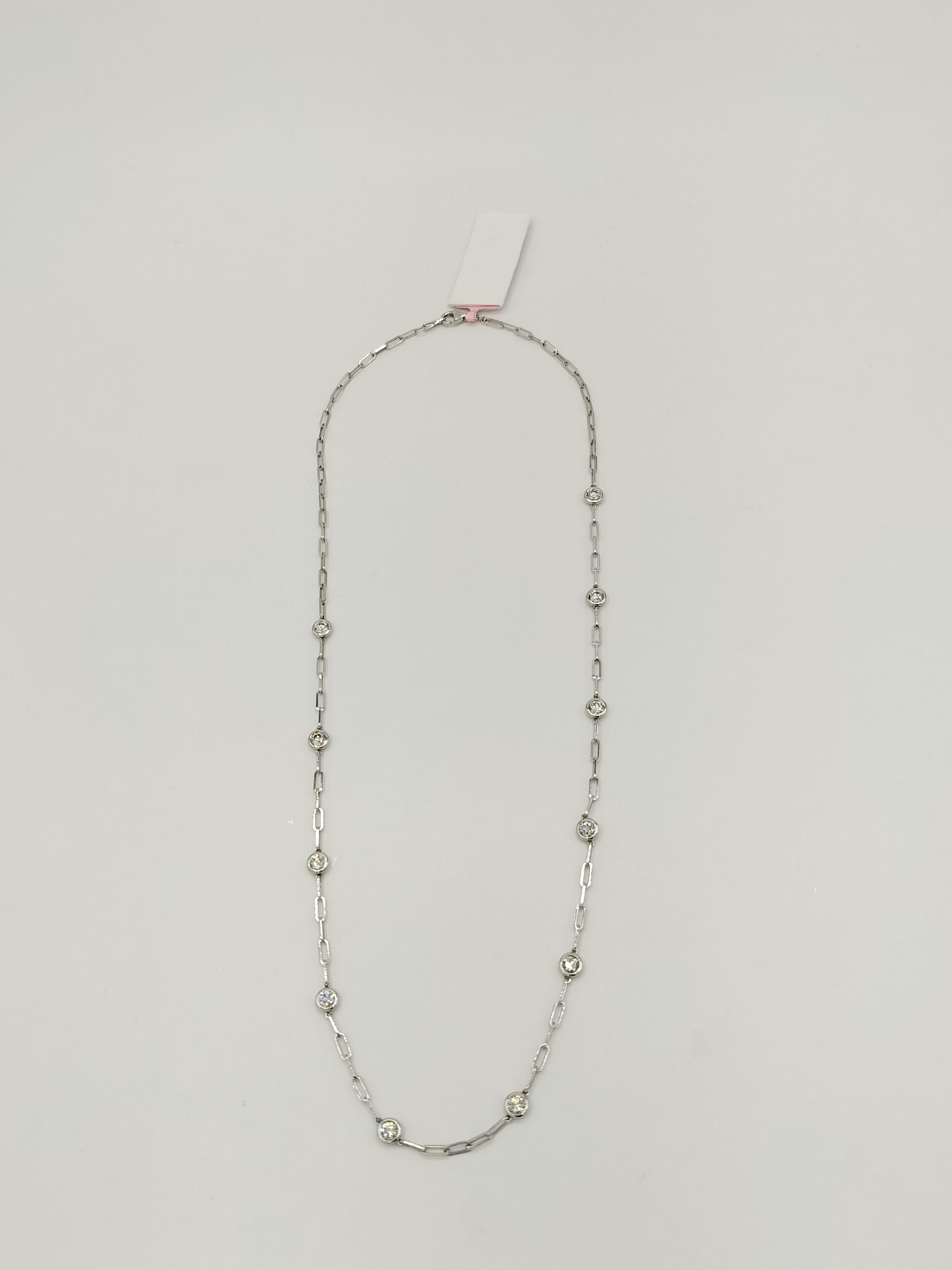 Women's or Men's White Diamond Round Paper Clip Necklace in 14K White Gold For Sale