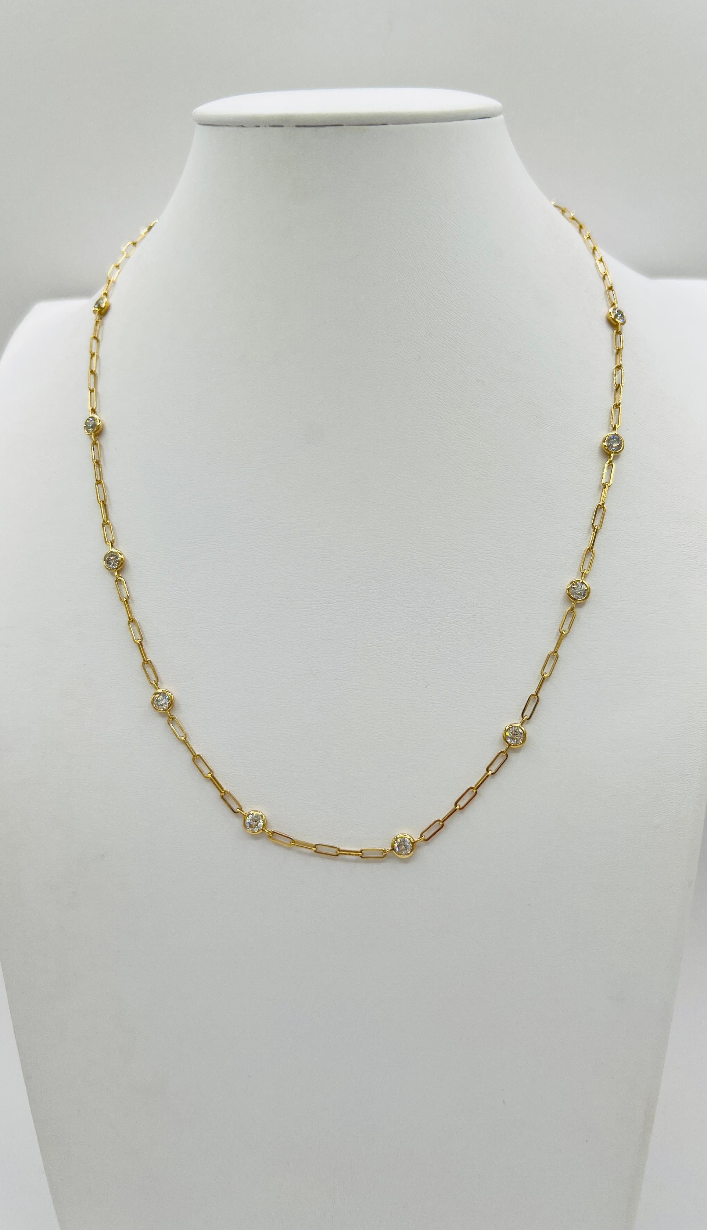 Women's or Men's White Diamond Round Paper Clip Necklace in 14K Yellow Gold For Sale