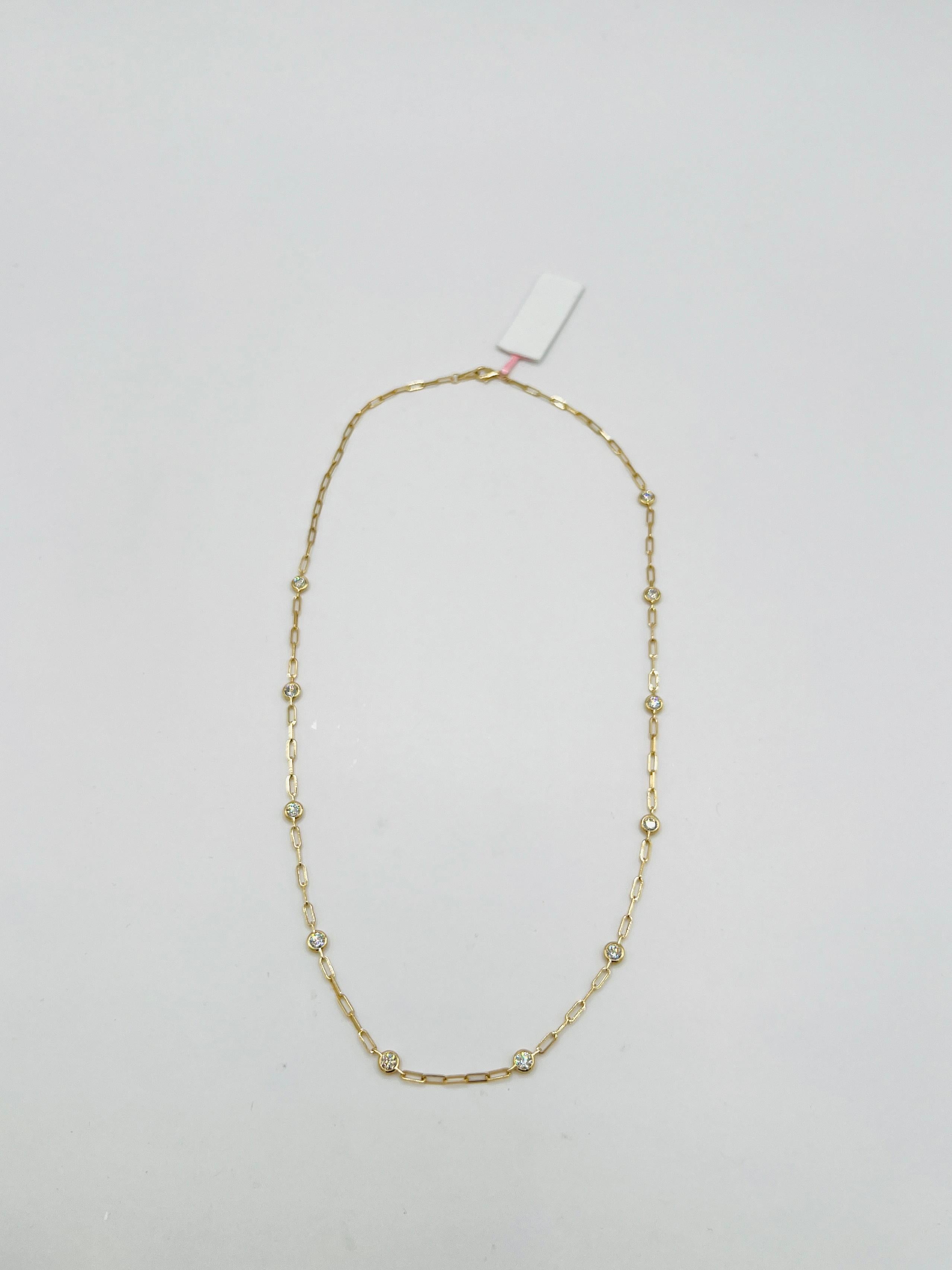 White Diamond Round Paper Clip Necklace in 14K Yellow Gold For Sale 1