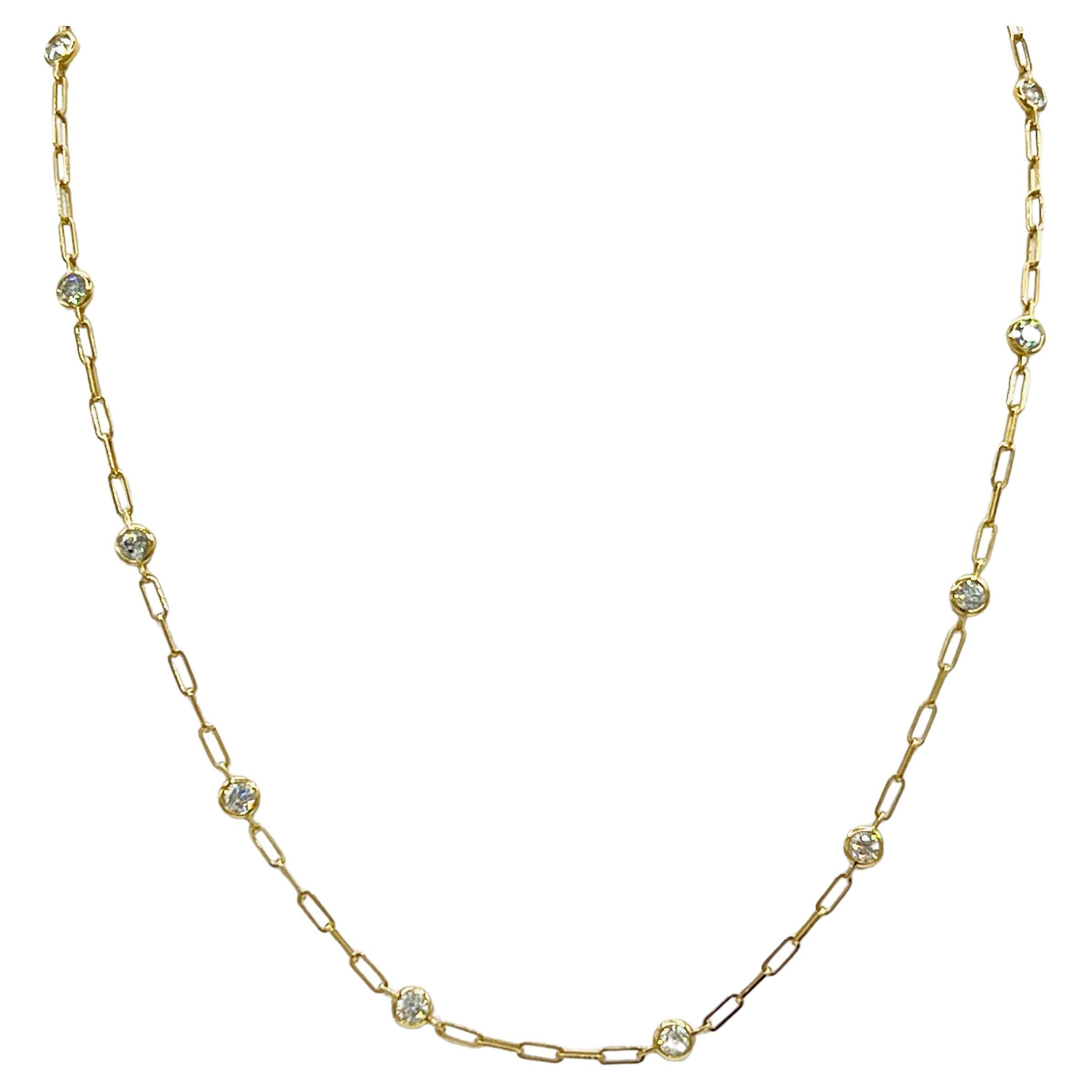 White Diamond Round Paper Clip Necklace in 14K Yellow Gold For Sale