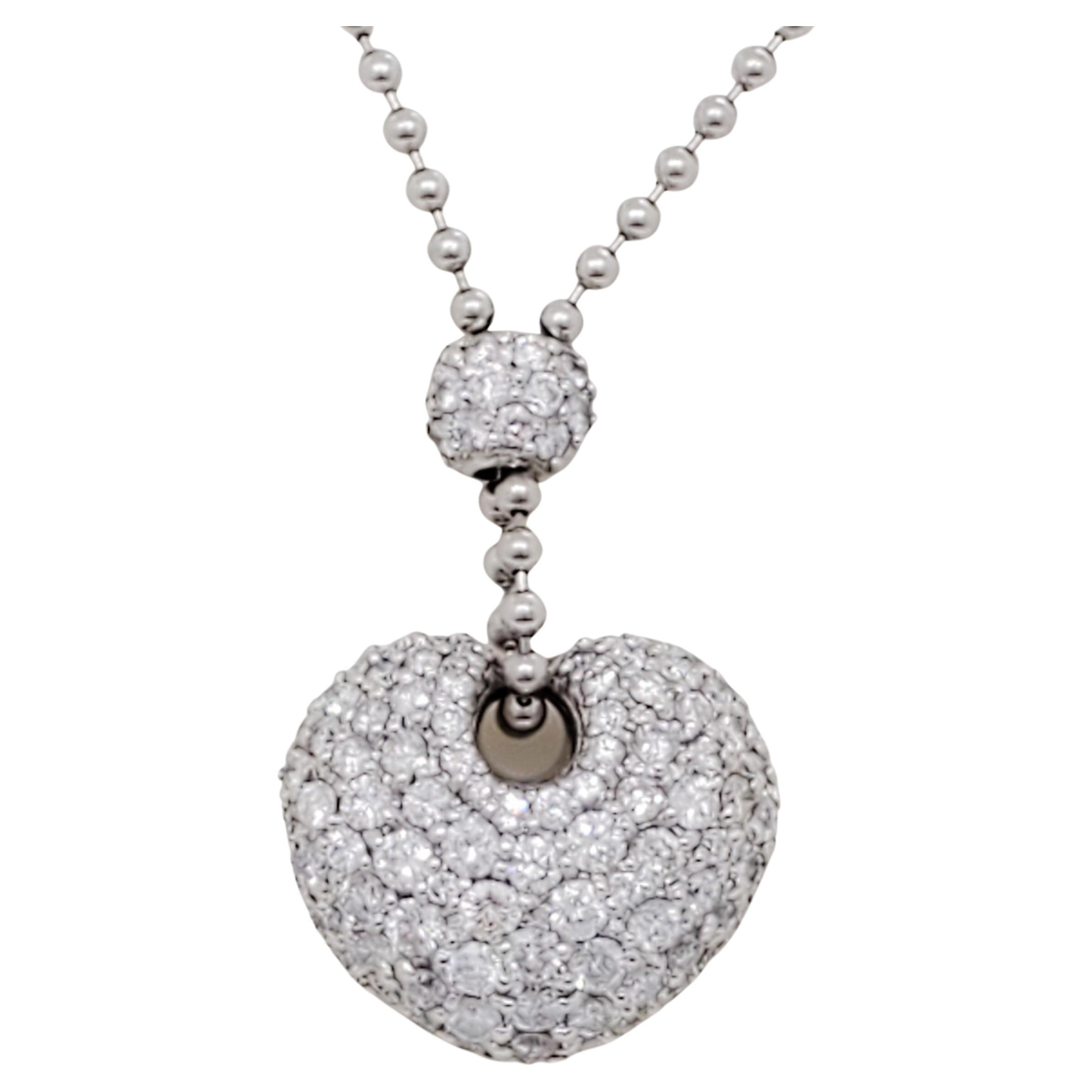 White Diamond Round Pave Dome Heart Pendant Necklace in Platinum