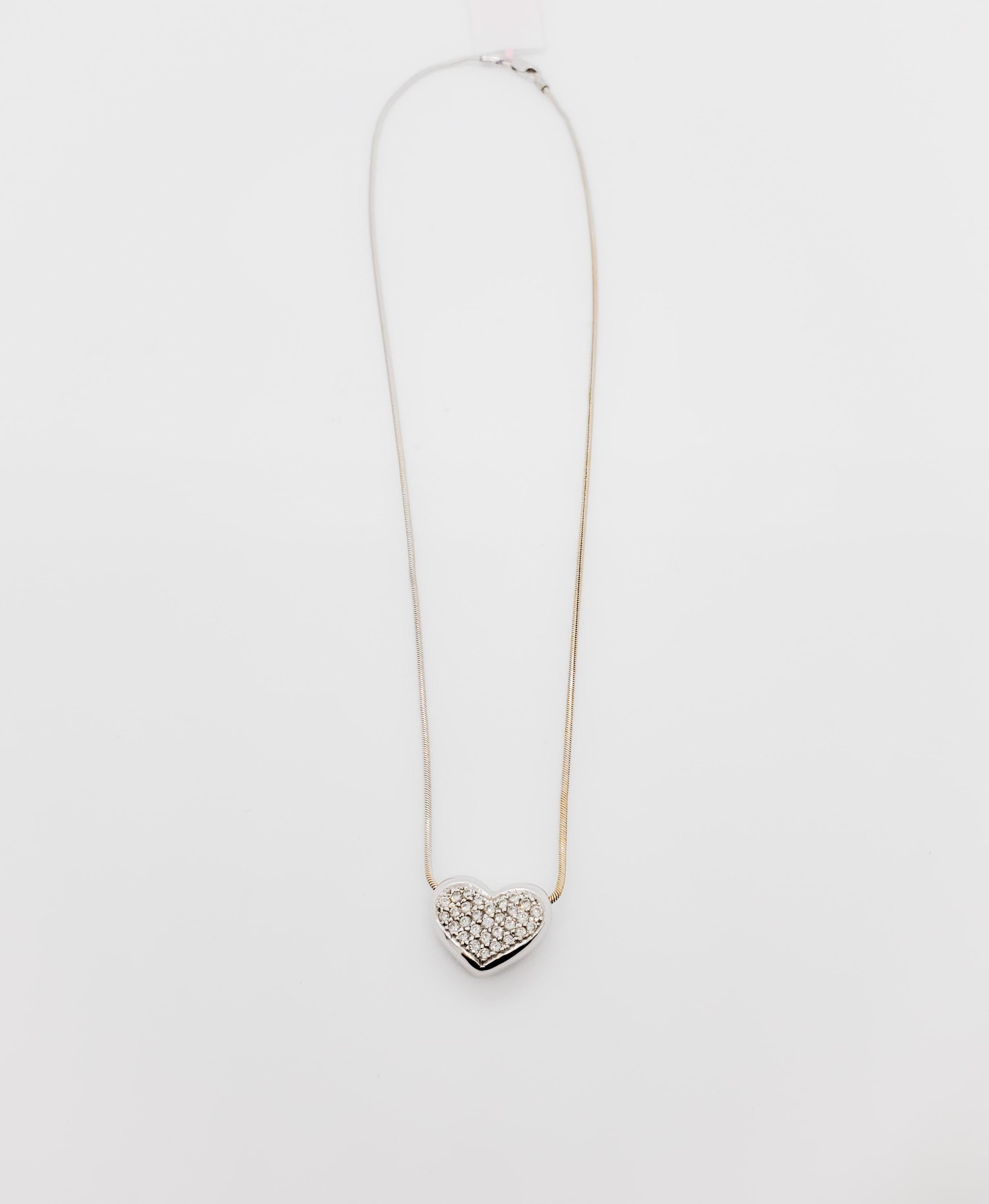 Women's or Men's White Diamond Pave Heart Pendant Necklace in 18k Gold For Sale