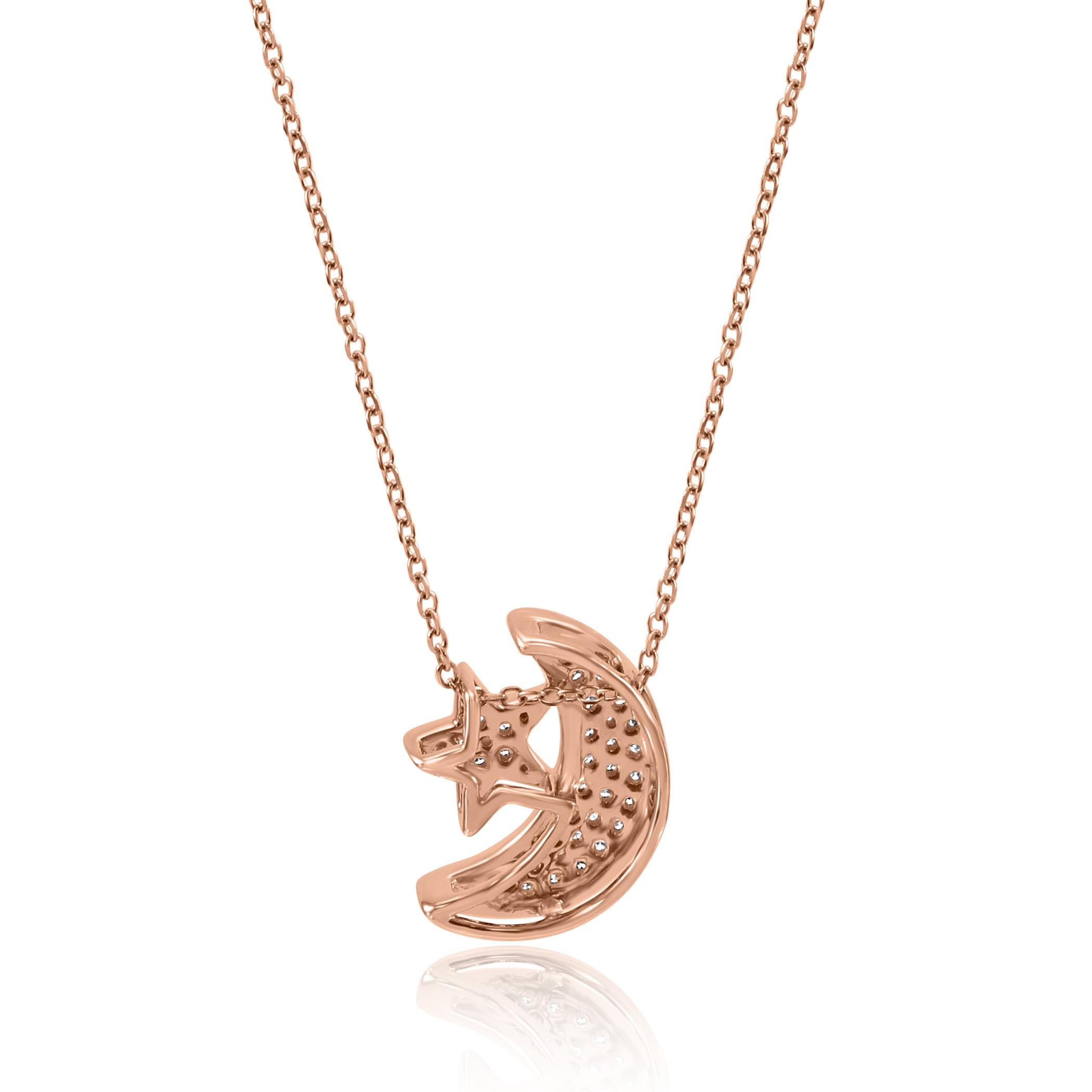 Round Cut White Diamond Round Rose Gold Moon and Star Fashion Chain Drop Pendant Necklace 