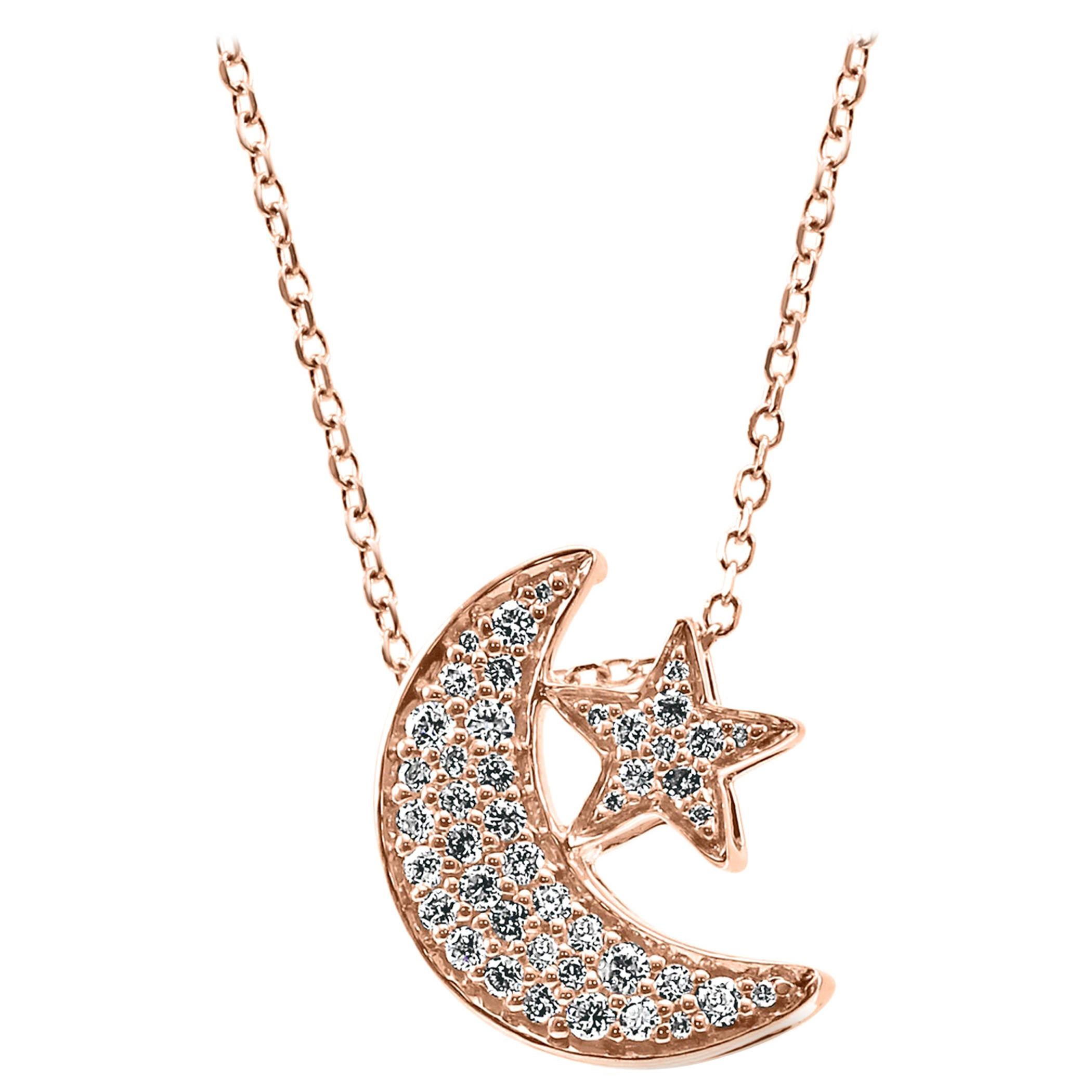 White Diamond Round Rose Gold Moon and Star Fashion Chain Drop Pendant Necklace 