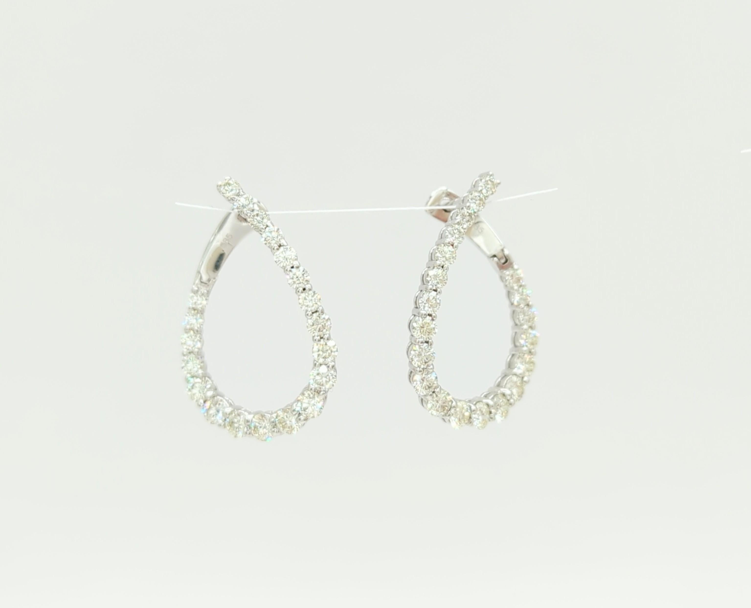 Women's or Men's White Diamond Round Tear Drop Hoop Earrings in 14K White Gold For Sale