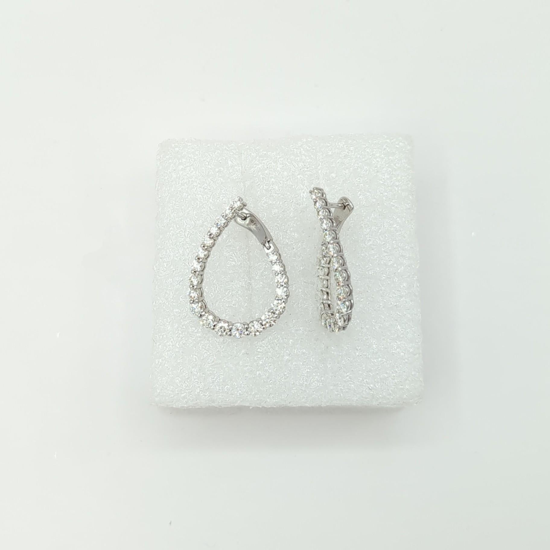 White Diamond Round Tear Drop Hoop Earrings in 14K White Gold For Sale 1