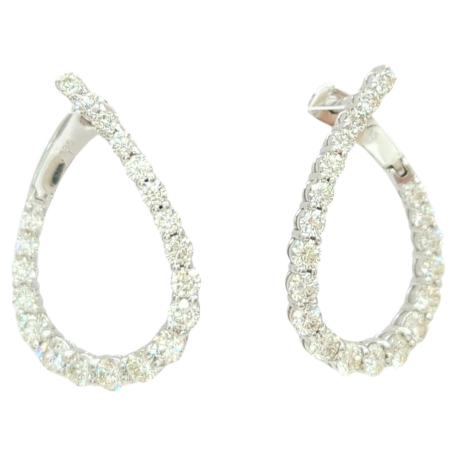 White Diamond Round Tear Drop Hoop Earrings in 14K White Gold For Sale