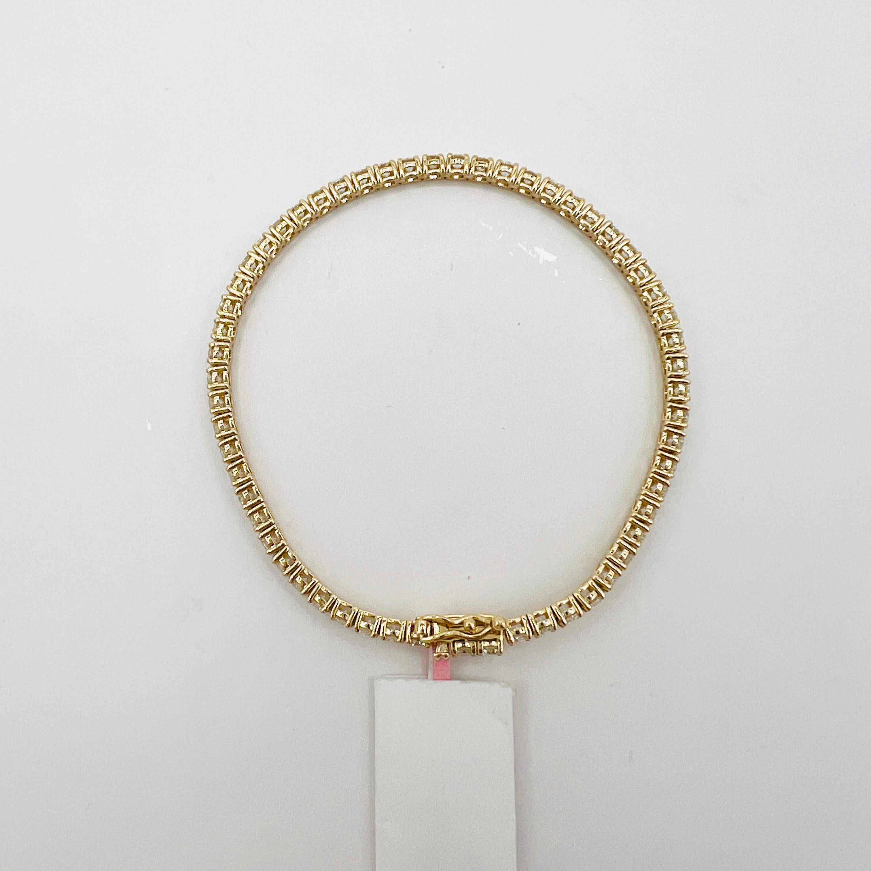White Diamond Round Tennis Bracelet in 14K Yellow Gold For Sale 3