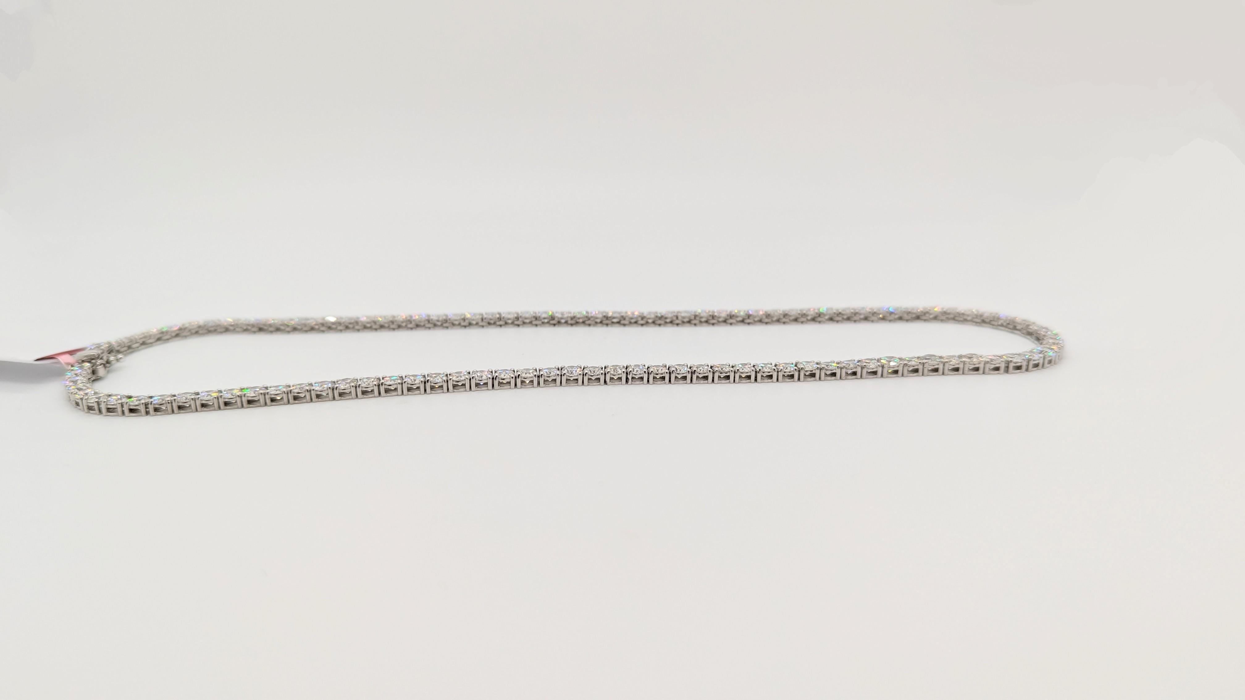 Women's or Men's White Diamond Round Tennis Necklace in 14K White Gold For Sale
