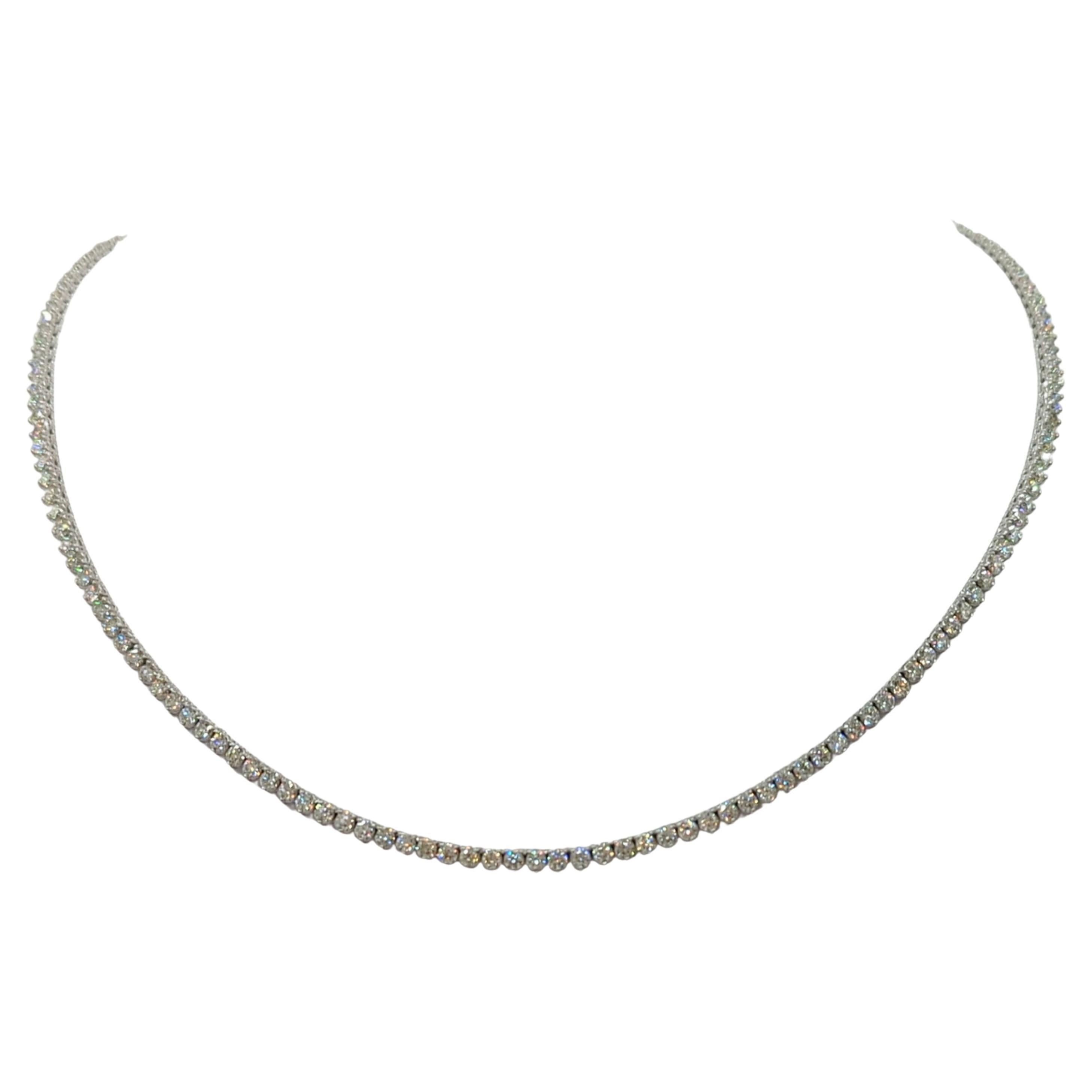 White Diamond Round Tennis Necklace in 14K White Gold For Sale