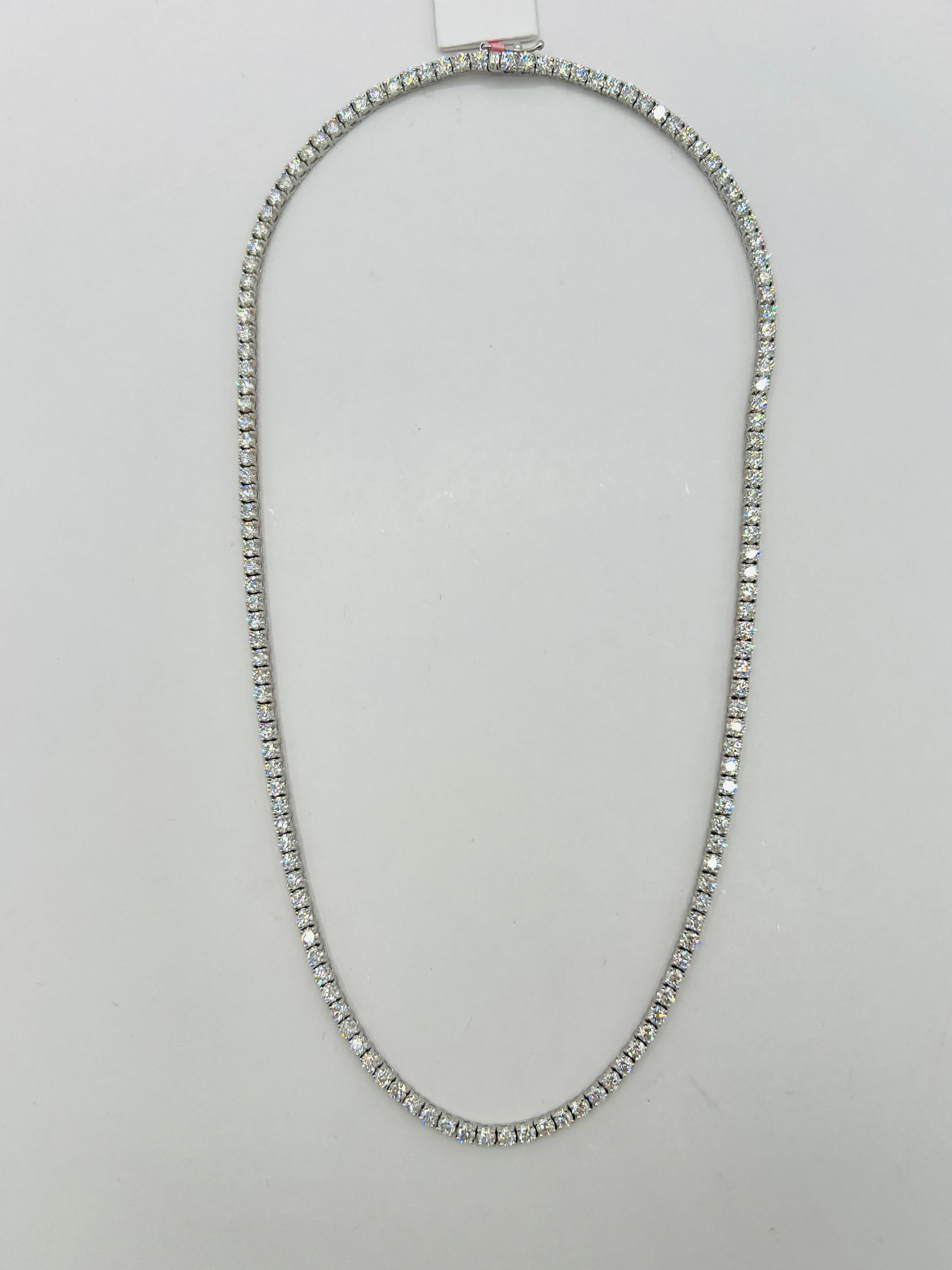 Women's or Men's White Diamond Round Tennis Necklace in 18K White Gold For Sale