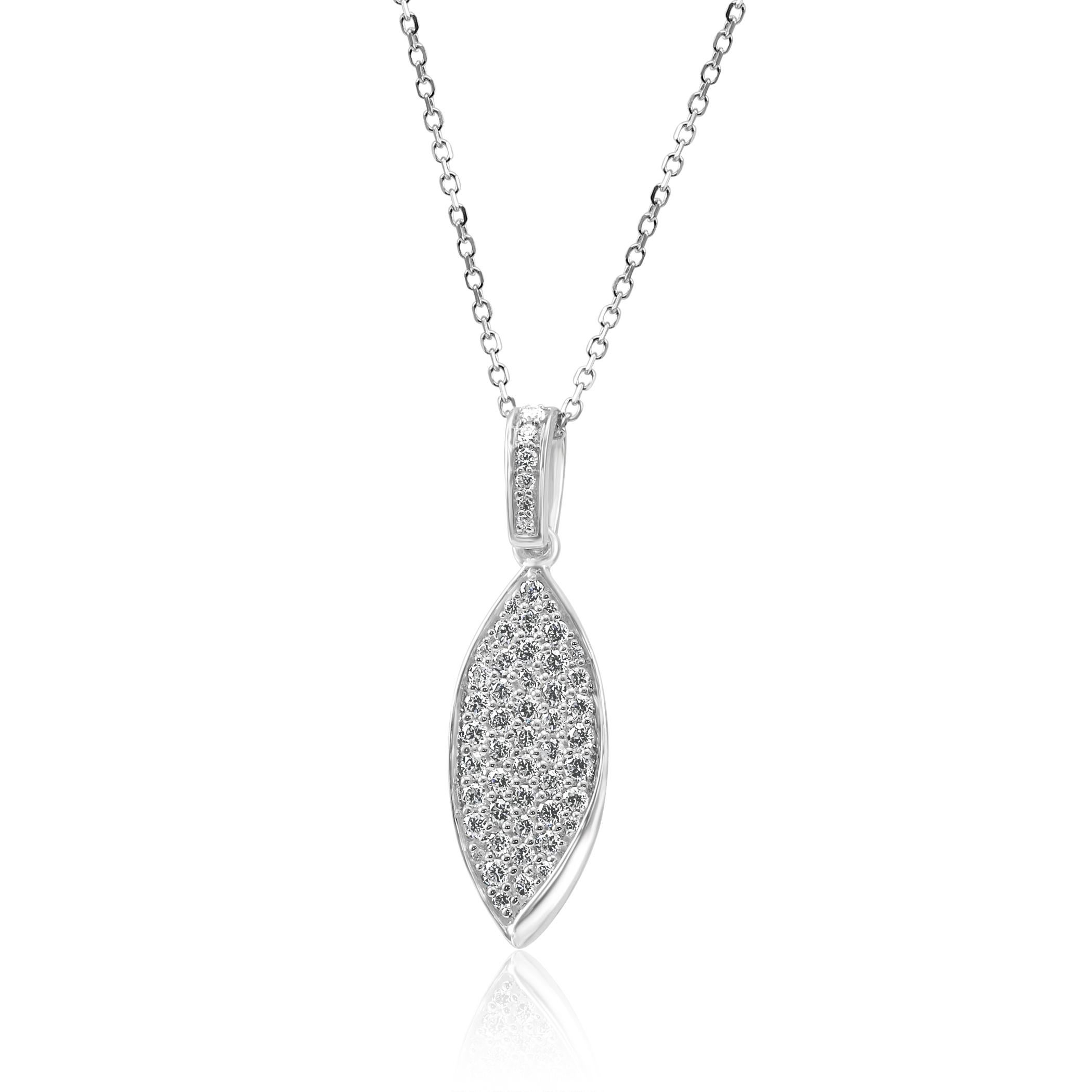 53 White Colorless Diamond Round SI clarity 0.45 Carat set in 14K White Gold Leaf Style Fashion Drop Dangle Pendant Chain Necklace.

Total Diamond Weight 0.45 Carat

Style available in different price ranges and with different center stones in all