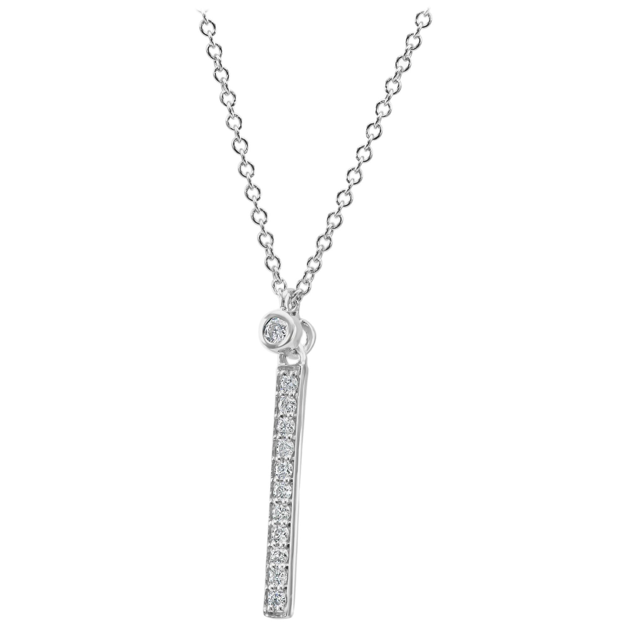 White Diamond Rounds Bar Drop Fashion Pendant 14 Karat White Gold Chain Necklace