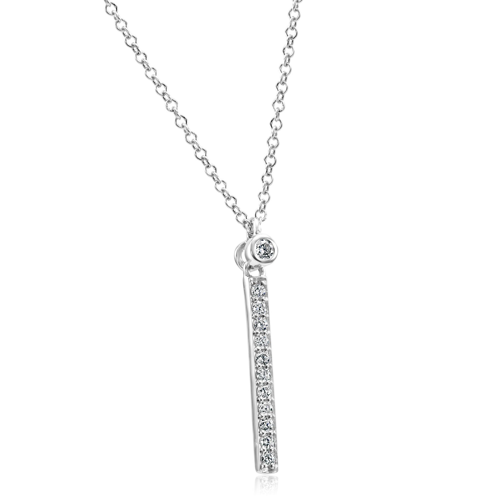 12 White Colorless SI Clarity Diamond Rounds 0.16 Carat Set in Stylish everyday wear 14K White Gold Diamond Bar style Dangle Drop Pendant Chain Necklace. Can be worn as 18 inches or 16 inches. 

Total Diamond Weight 0.16 Carat

Style available in
